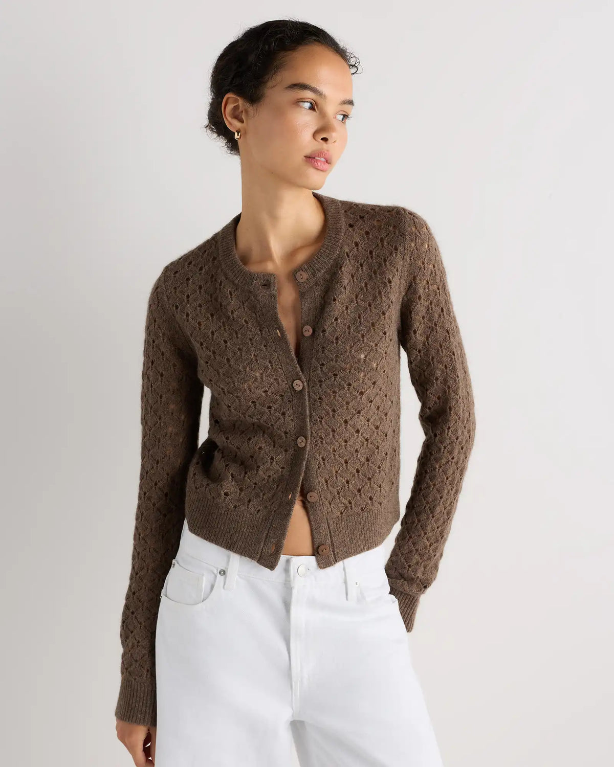 100% Yak Wool Shrunken Pointelle Detail Cardigan