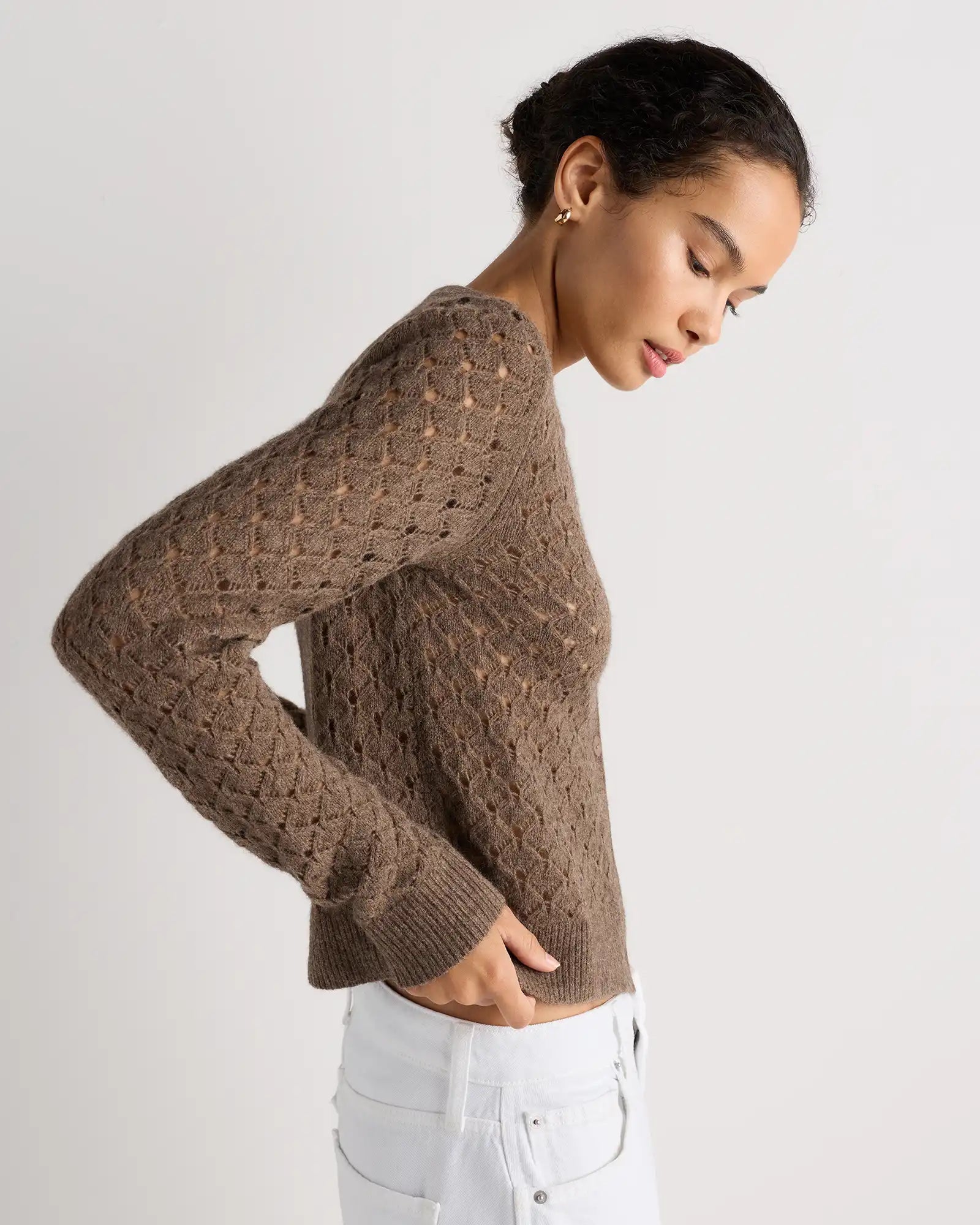 100% Yak Wool Shrunken Pointelle Detail Cardigan