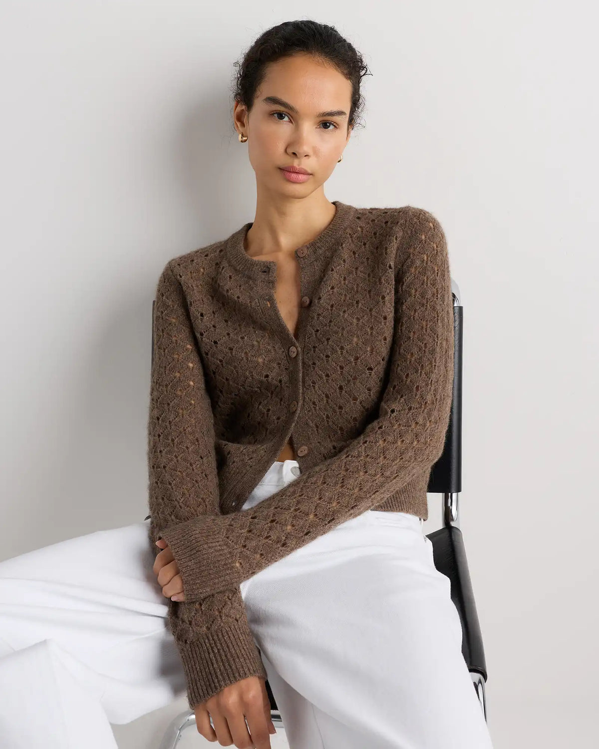 100% Yak Wool Shrunken Pointelle Detail Cardigan