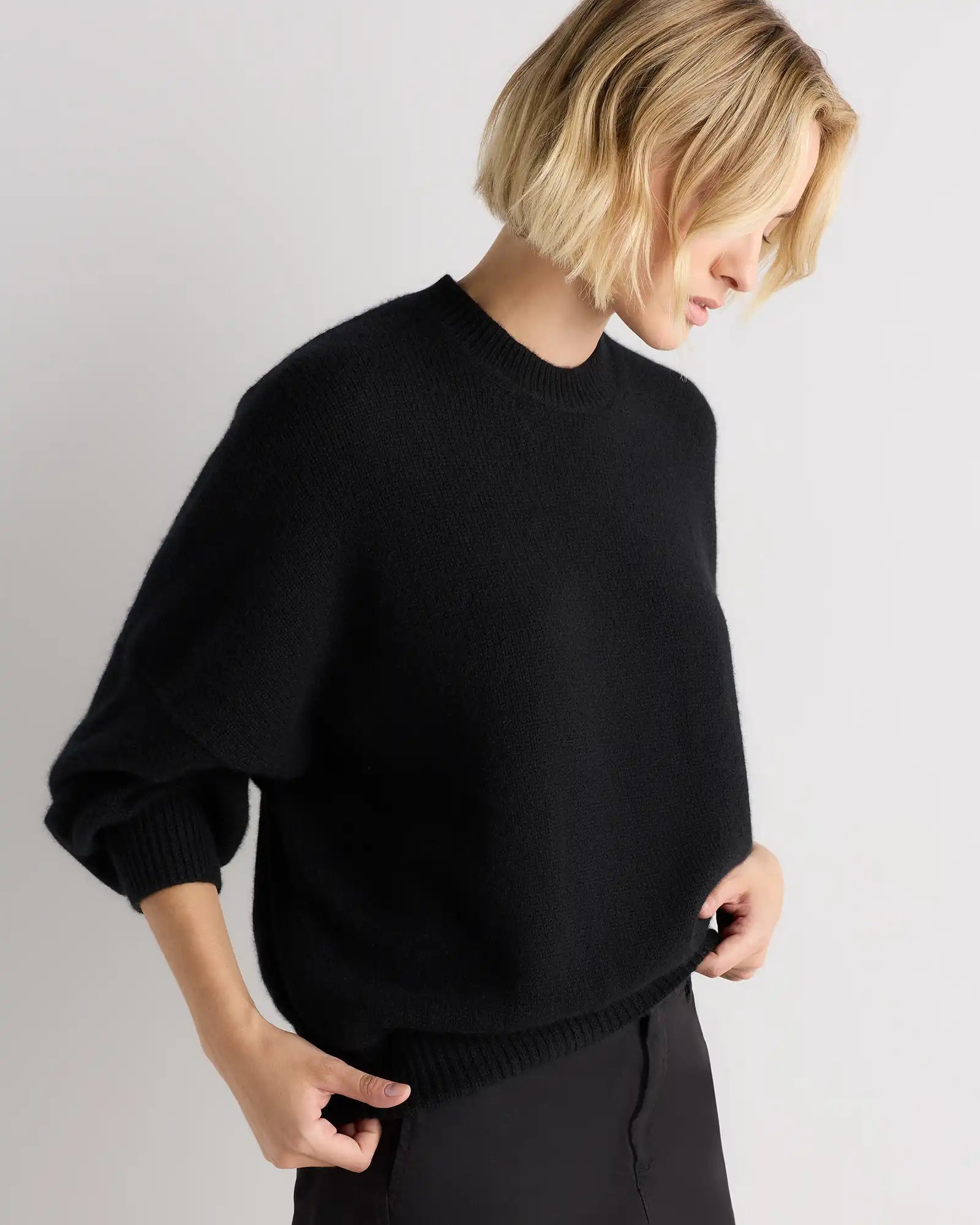 100% Mongolian Cashmere Slouchy Blouson Sleeve Crewneck