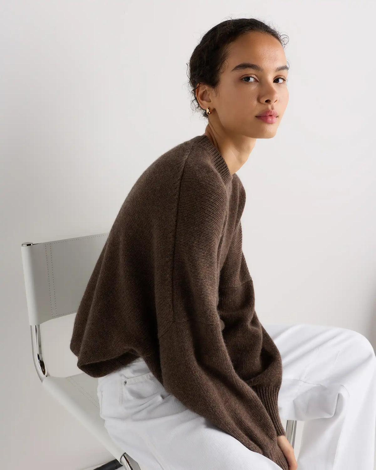 100% Mongolian Cashmere Slouchy Blouson Sleeve Crewneck