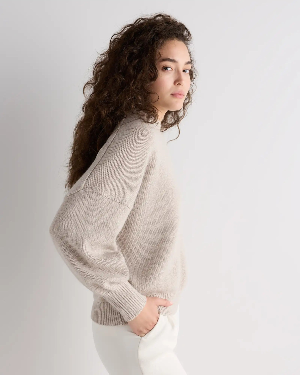 100% Mongolian Cashmere Slouchy Blouson Sleeve Crewneck