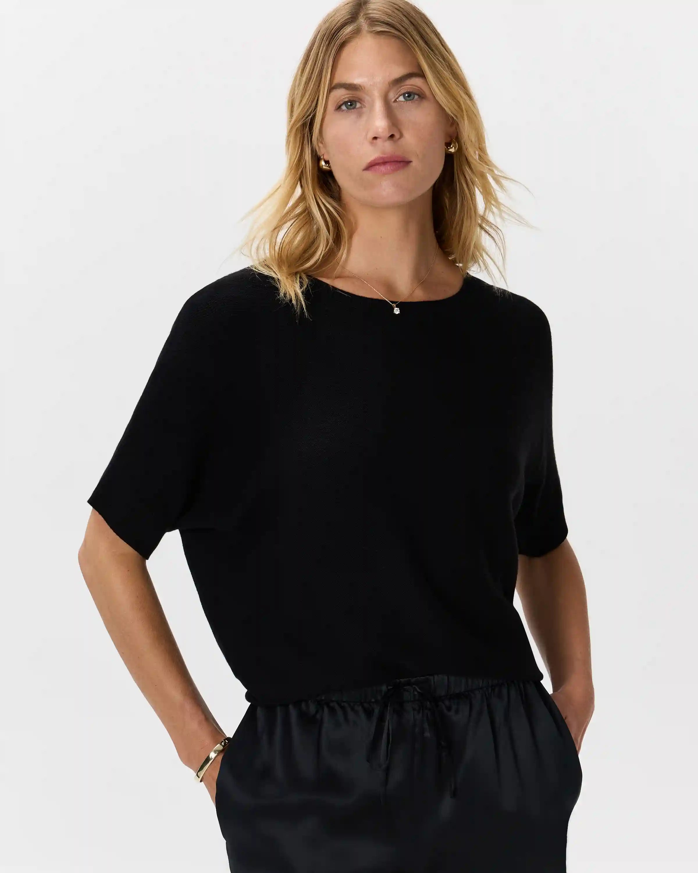 Lightweight Cotton Cashmere Link-Stitch Dolman Sweater