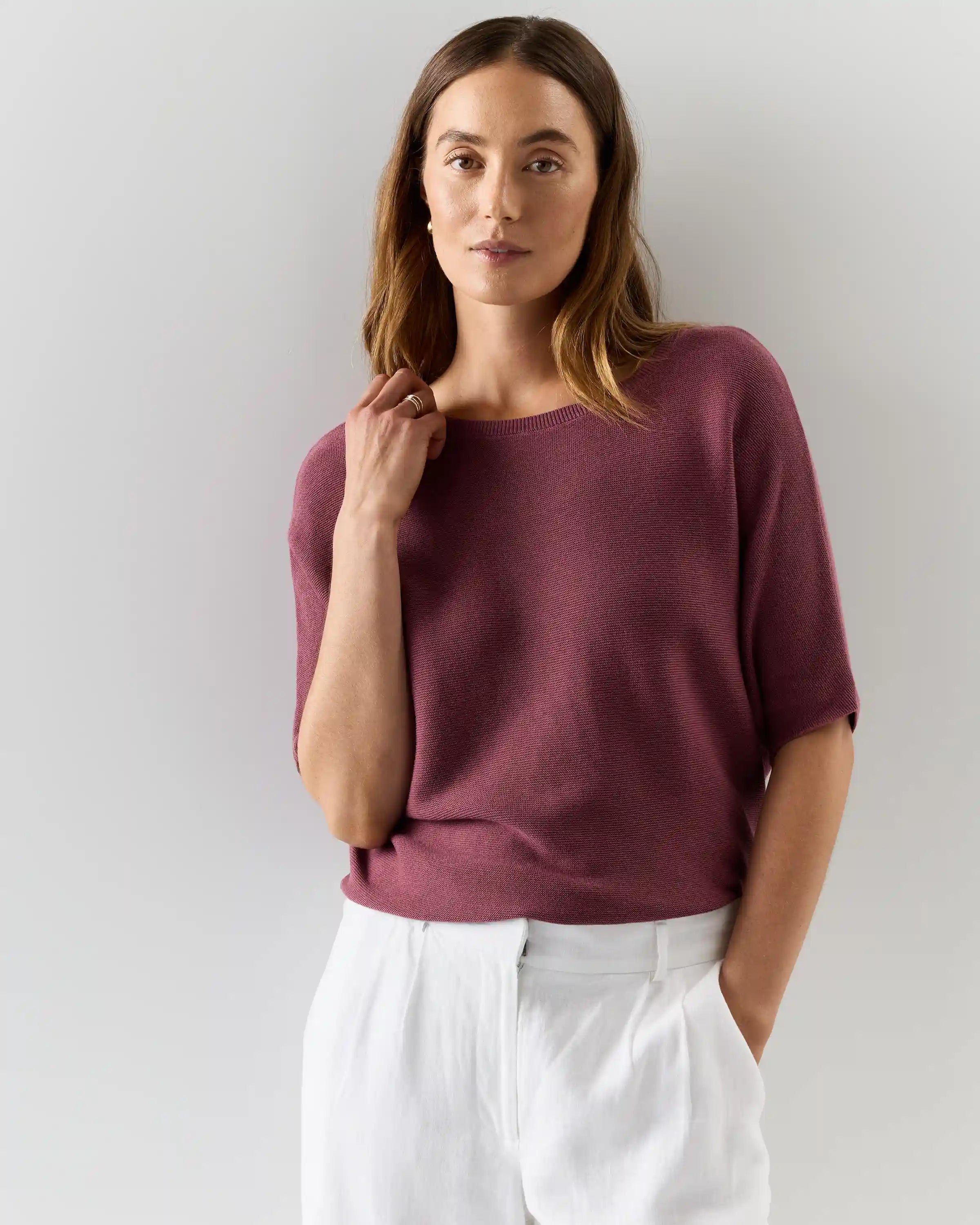Lightweight Cotton Cashmere Link-Stitch Dolman Sweater
