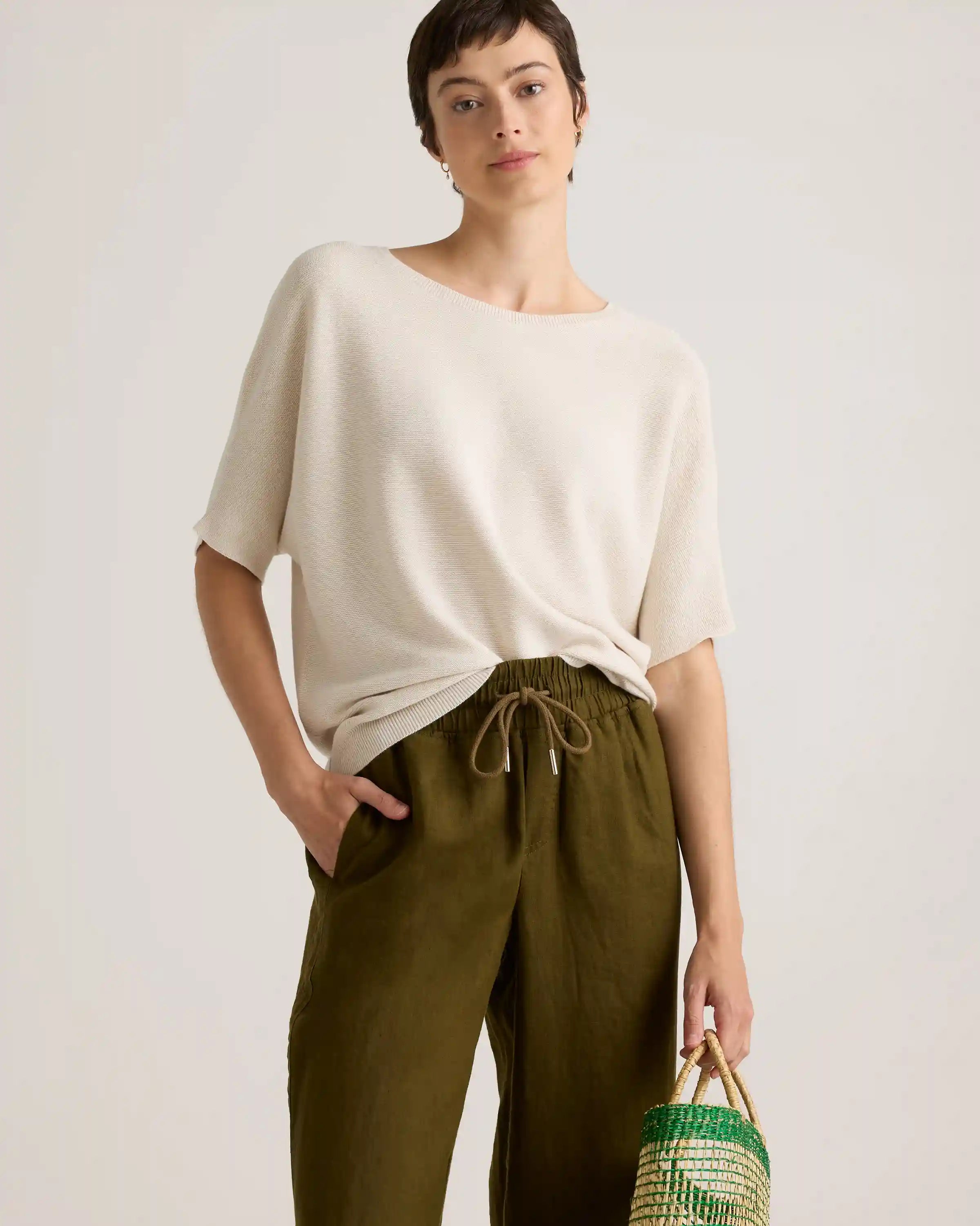 Lightweight Cotton Cashmere Link-Stitch Dolman Sweater