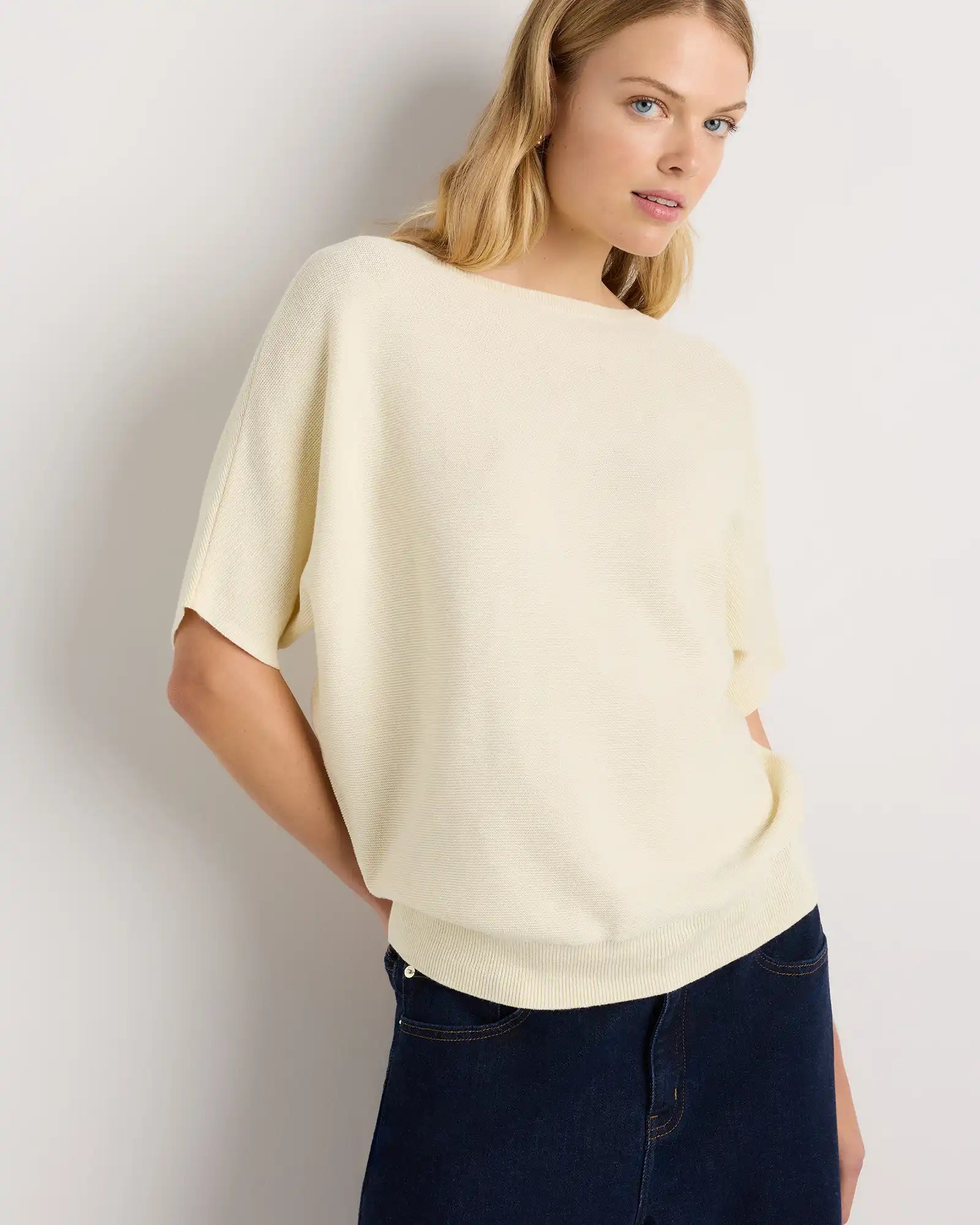 Lightweight Cotton Cashmere Link-Stitch Dolman Sweater