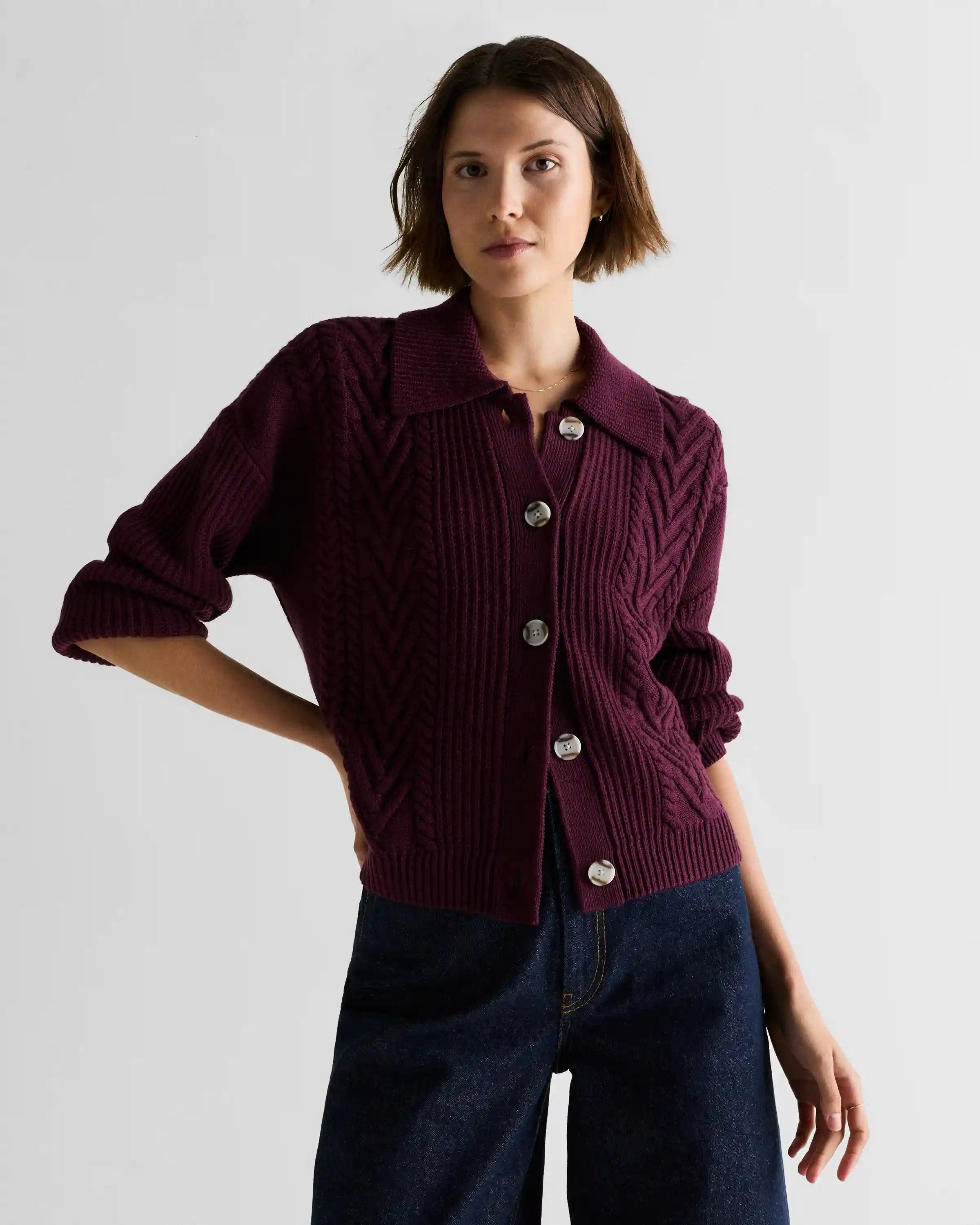 Australian Merino Wool Collared Cable Cardigan