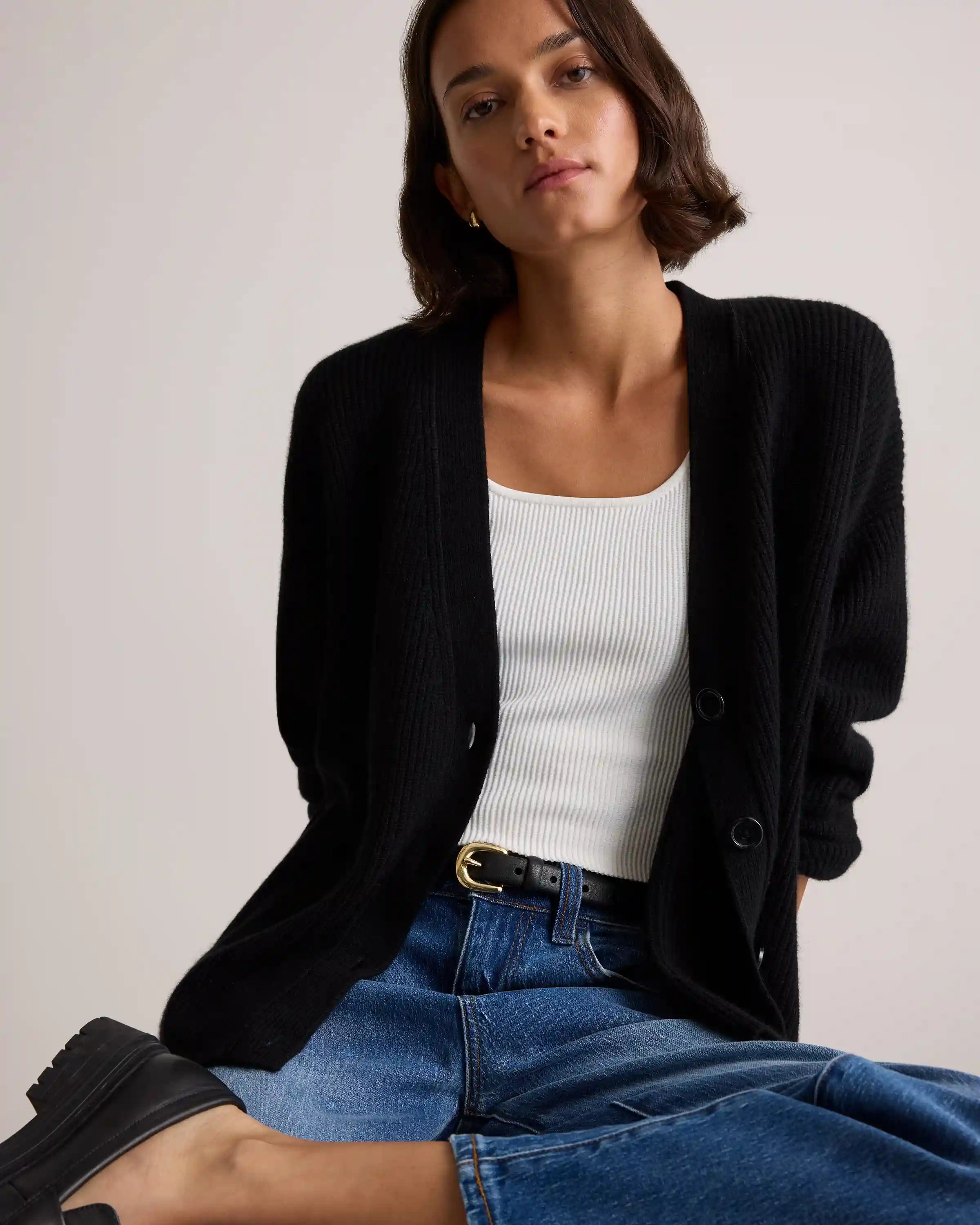 Mongolian Cashmere Fisherman Boxy Cropped Cardigan Sweater