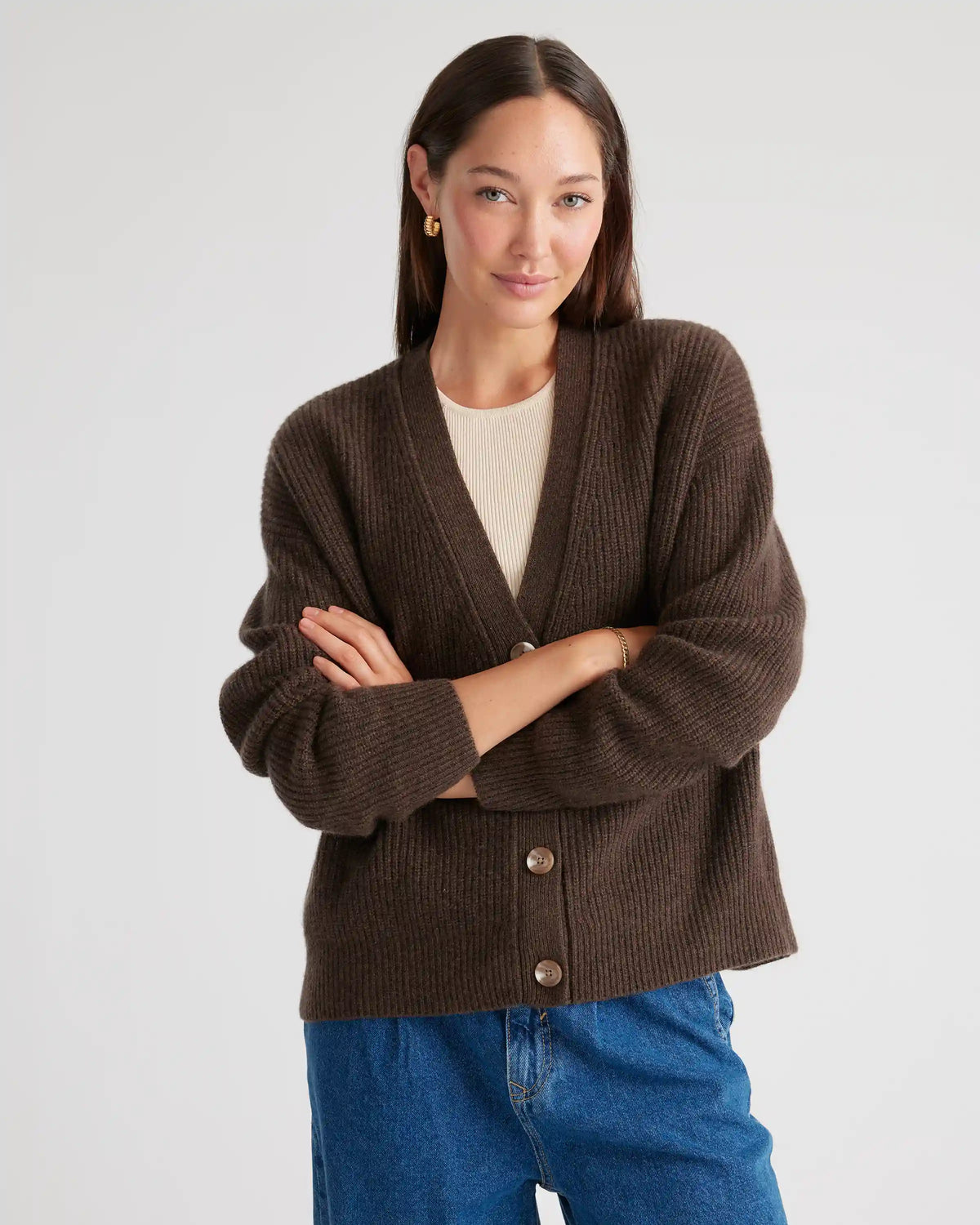 Mongolian Spring Cashmere Fisherman Boxy Cropped Cardigan Sweater