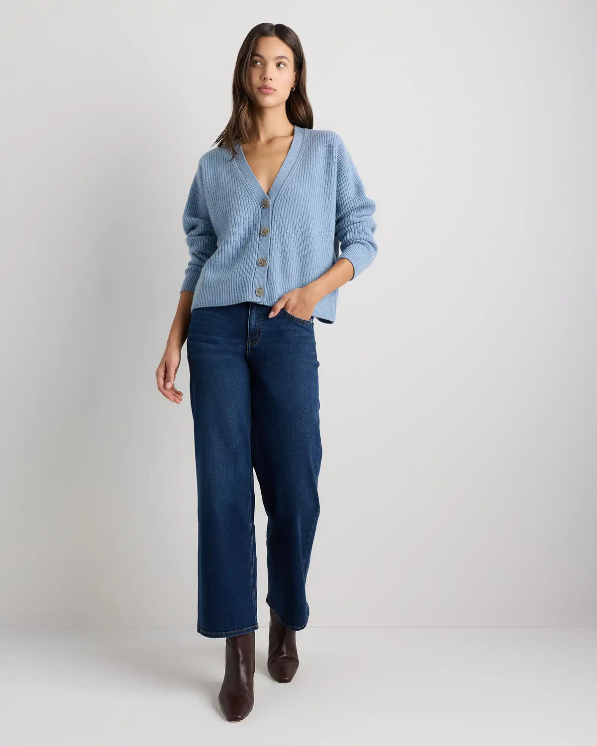 Mongolian Cashmere Fisherman Boxy Cropped Cardigan Sweater