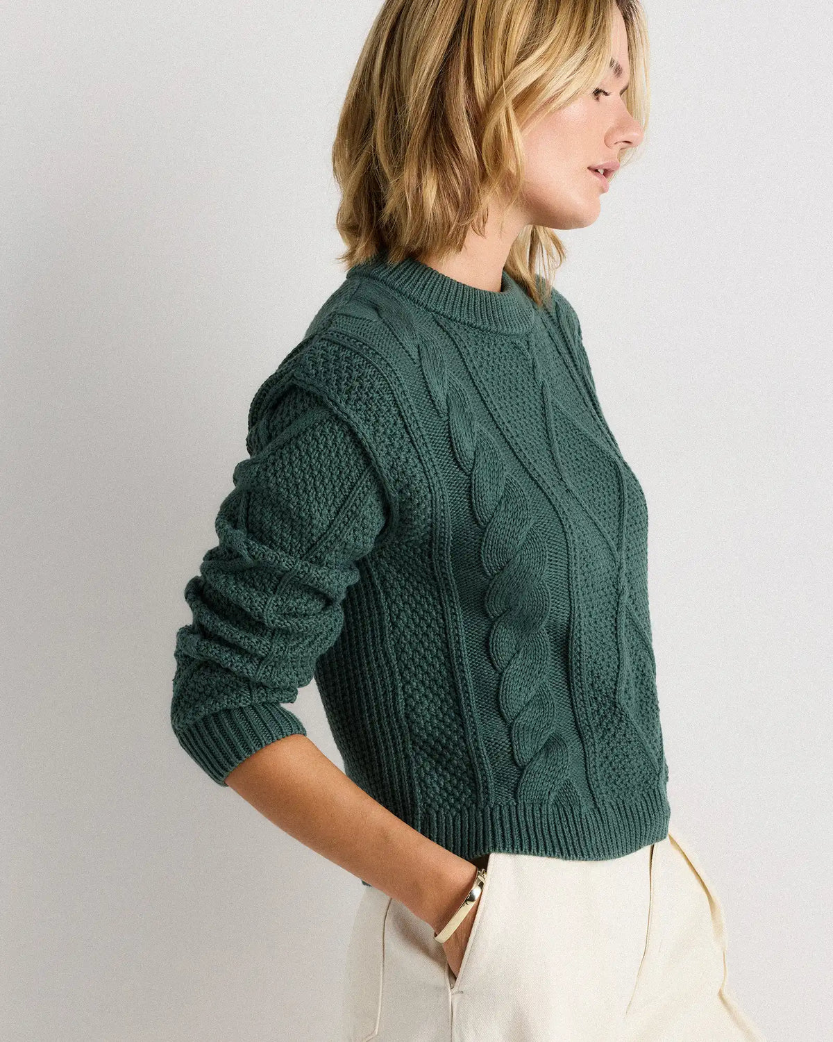 100% Organic Cotton Cropped Cable Crew Sweater
