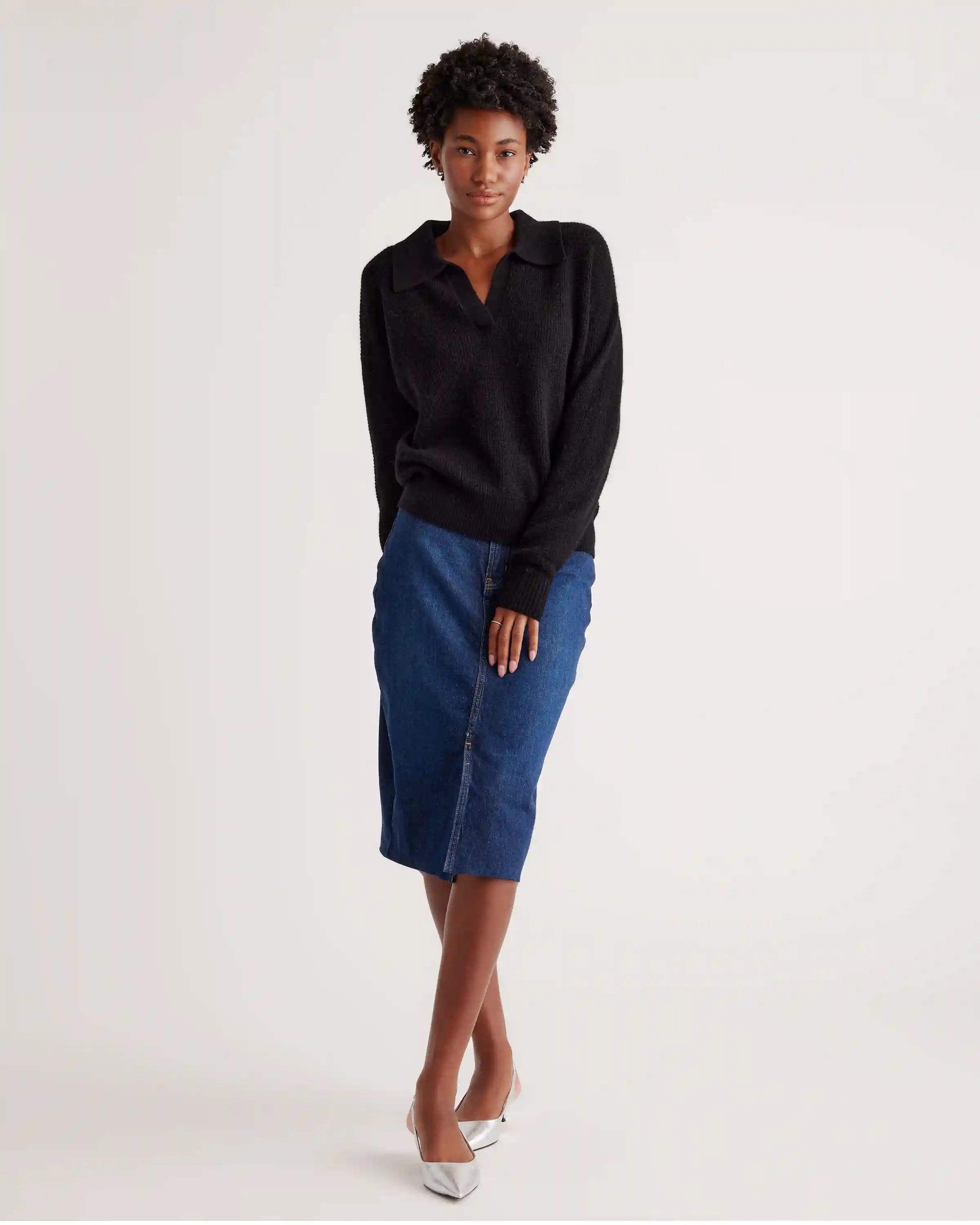 Baby Alpaca-Wool Waffle Stitch Polo Sweater