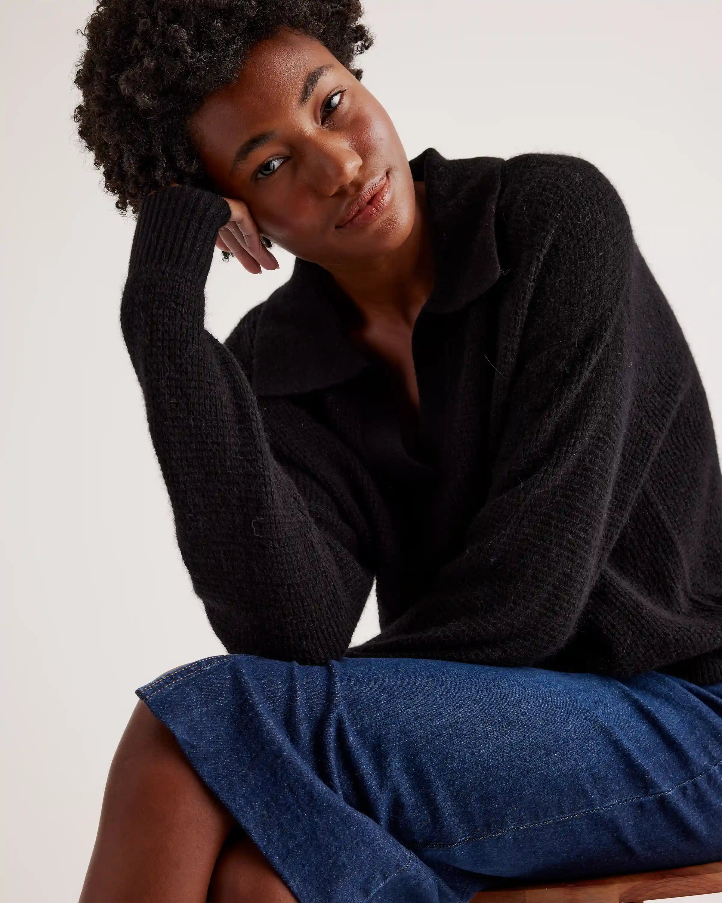 Baby Alpaca-Wool Waffle Stitch Polo Sweater