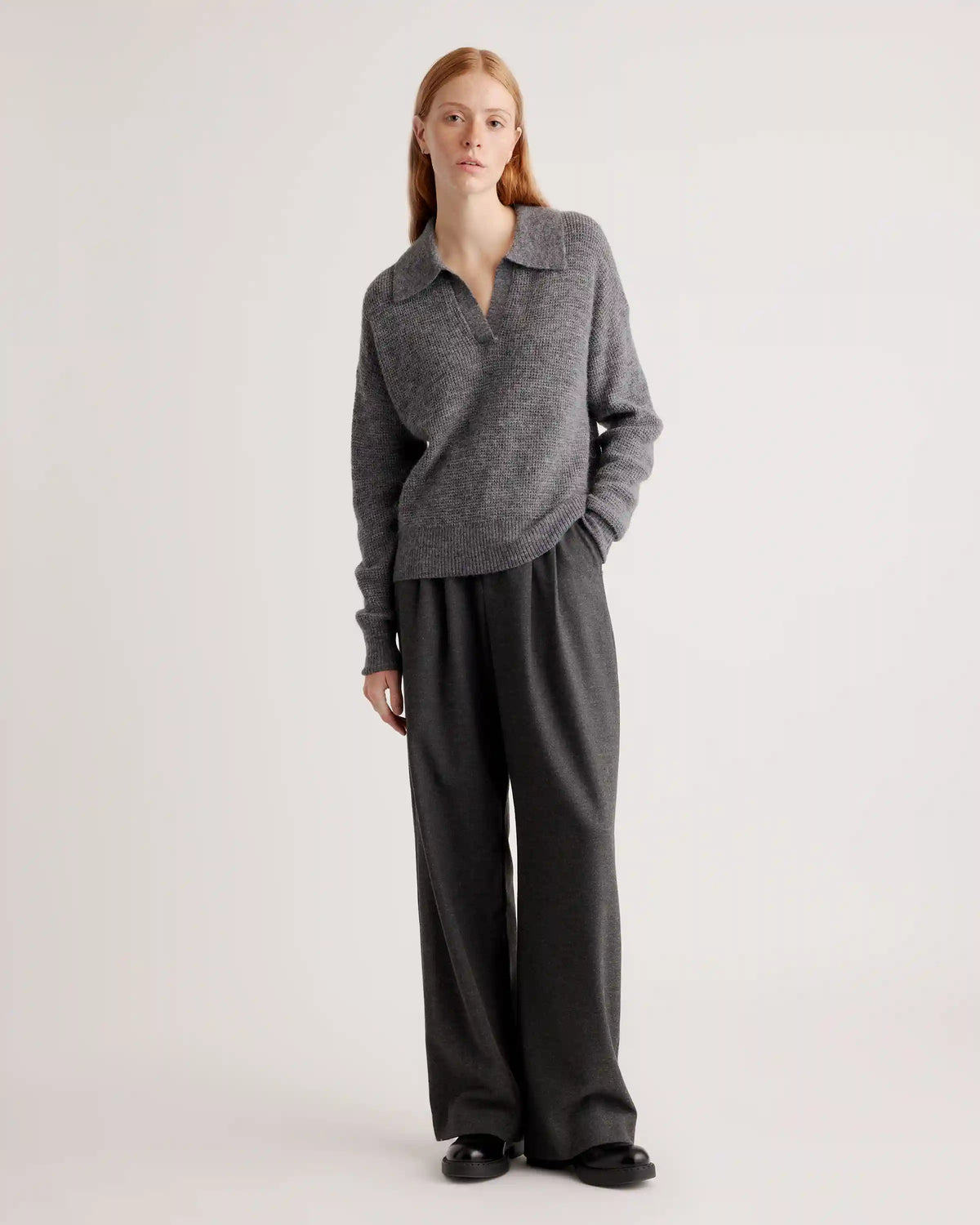 Baby Alpaca-Wool Waffle Stitch Polo Sweater