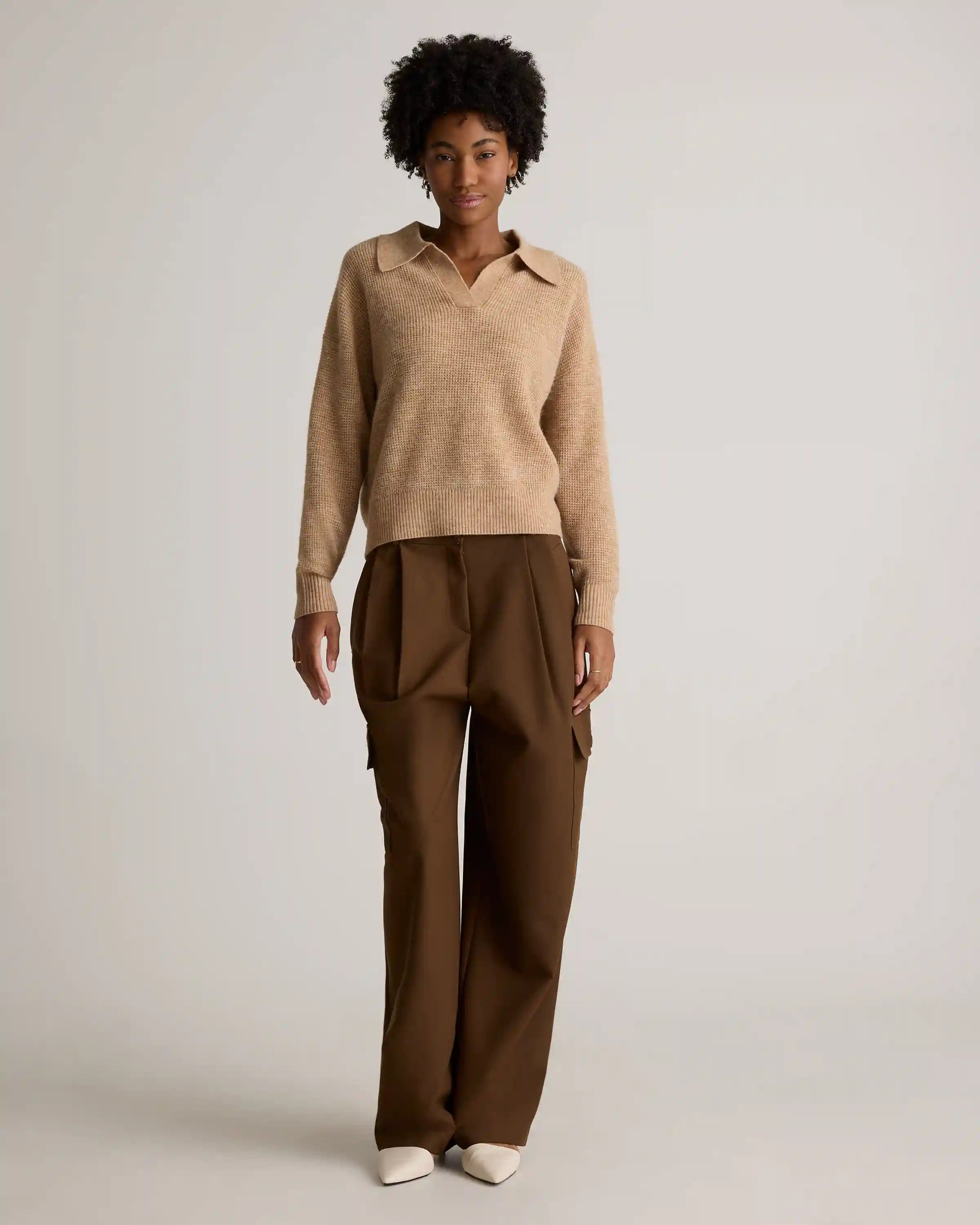Baby Alpaca-Wool Waffle Stitch Polo Sweater