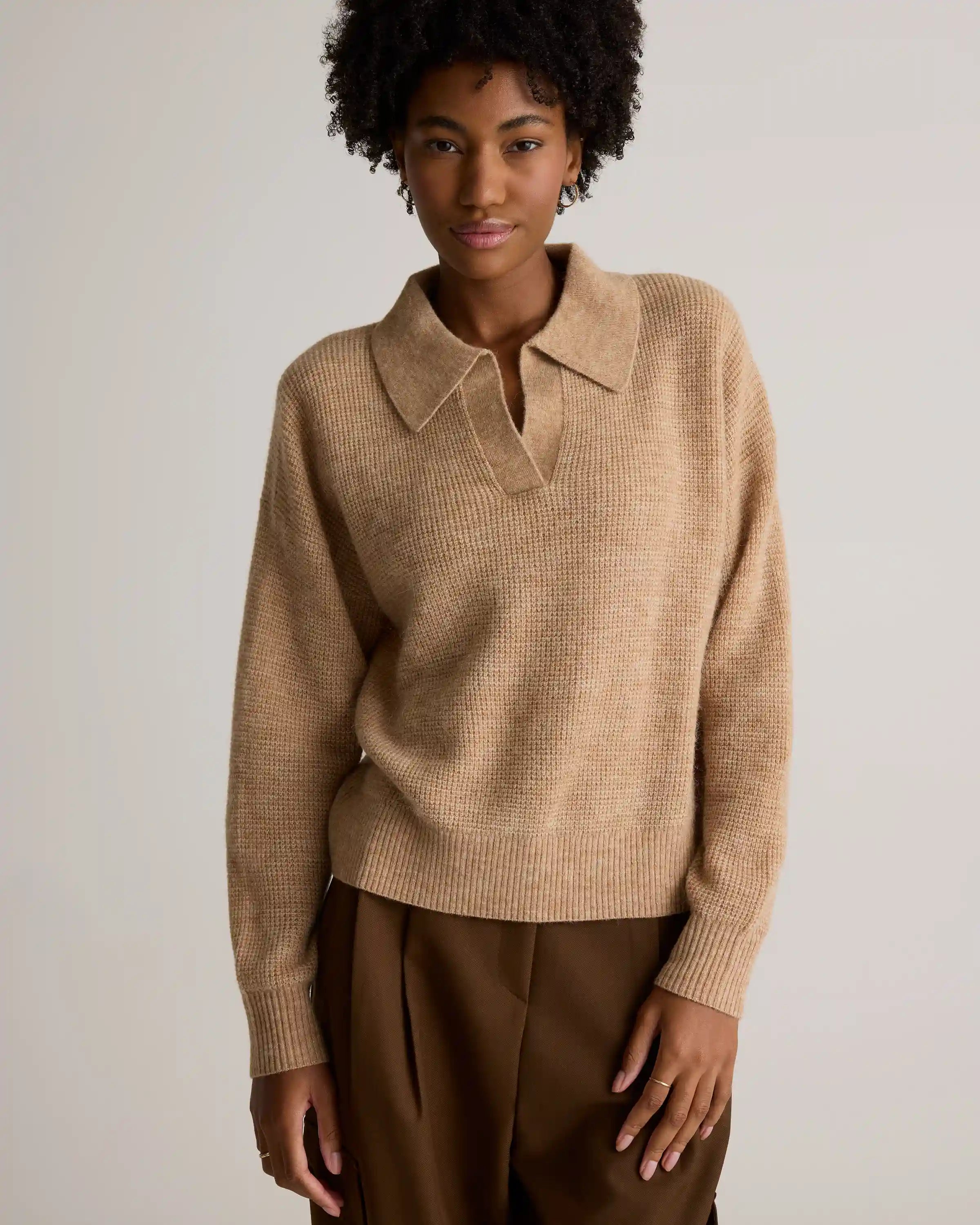 Baby Alpaca-Wool Waffle Stitch Polo Sweater