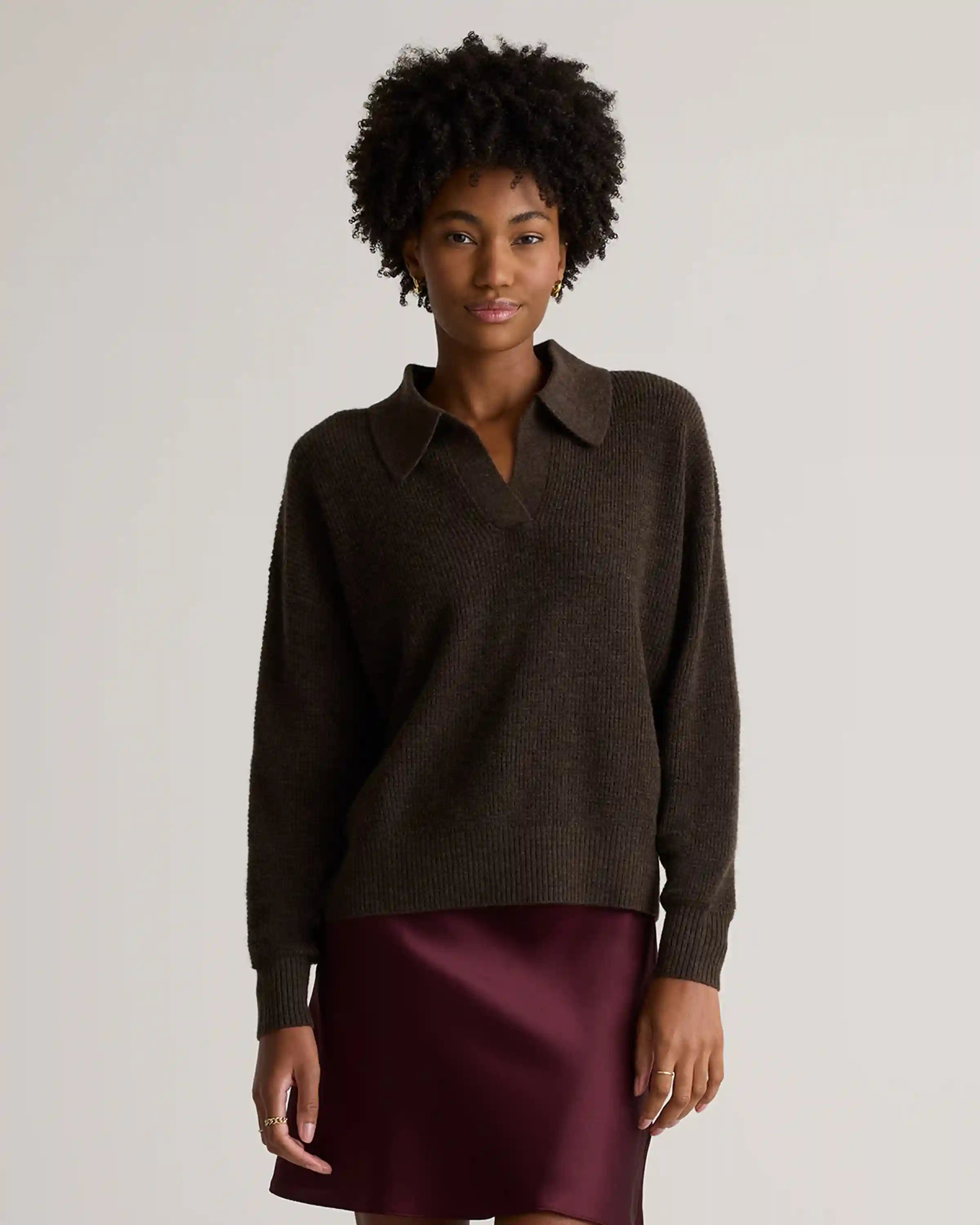 Baby Alpaca-Wool Waffle Stitch Polo Sweater