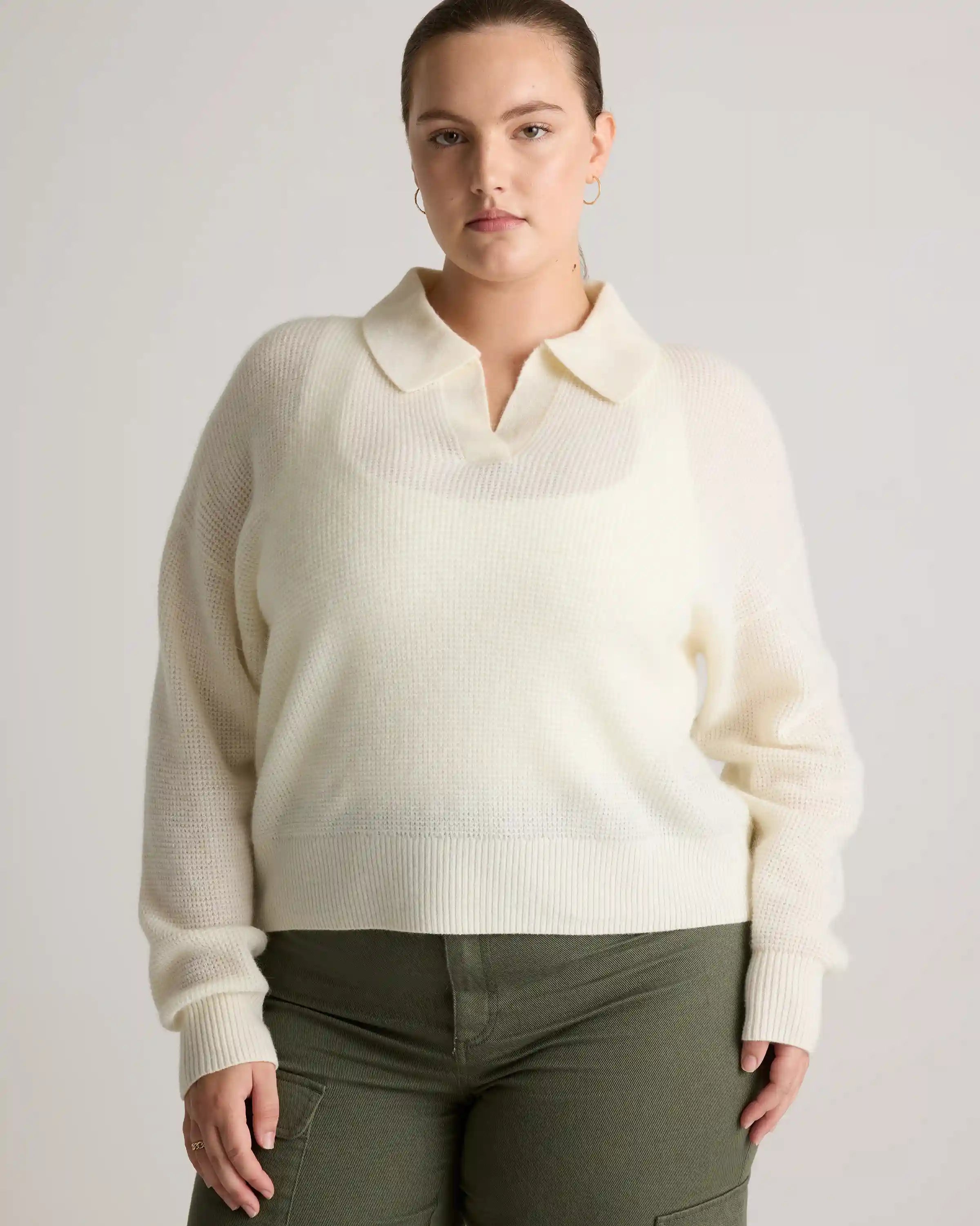 Baby Alpaca-Wool Waffle Stitch Polo Sweater