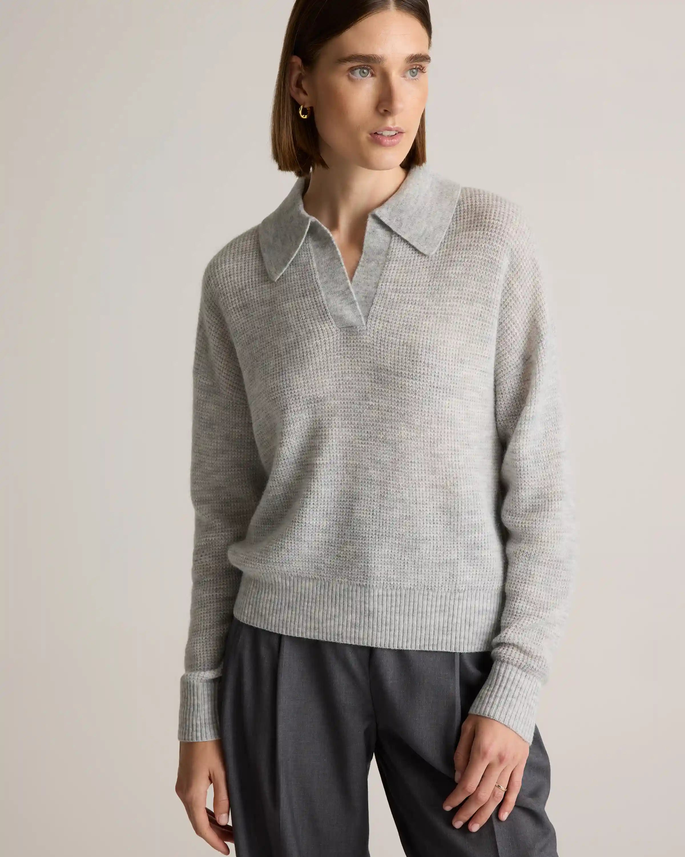 Baby Alpaca-Wool Waffle Stitch Polo Sweater