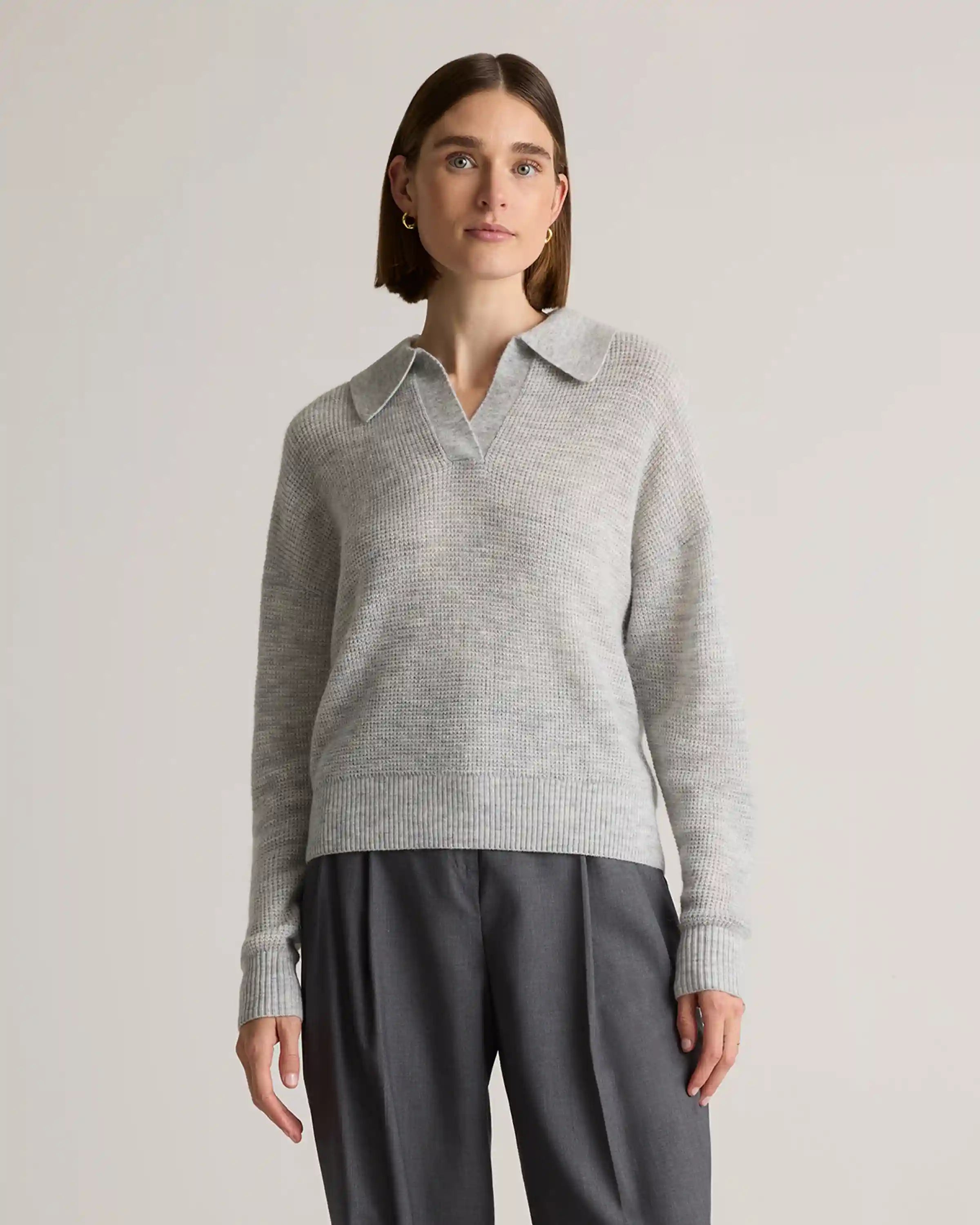 Baby Alpaca-Wool Waffle Stitch Polo Sweater