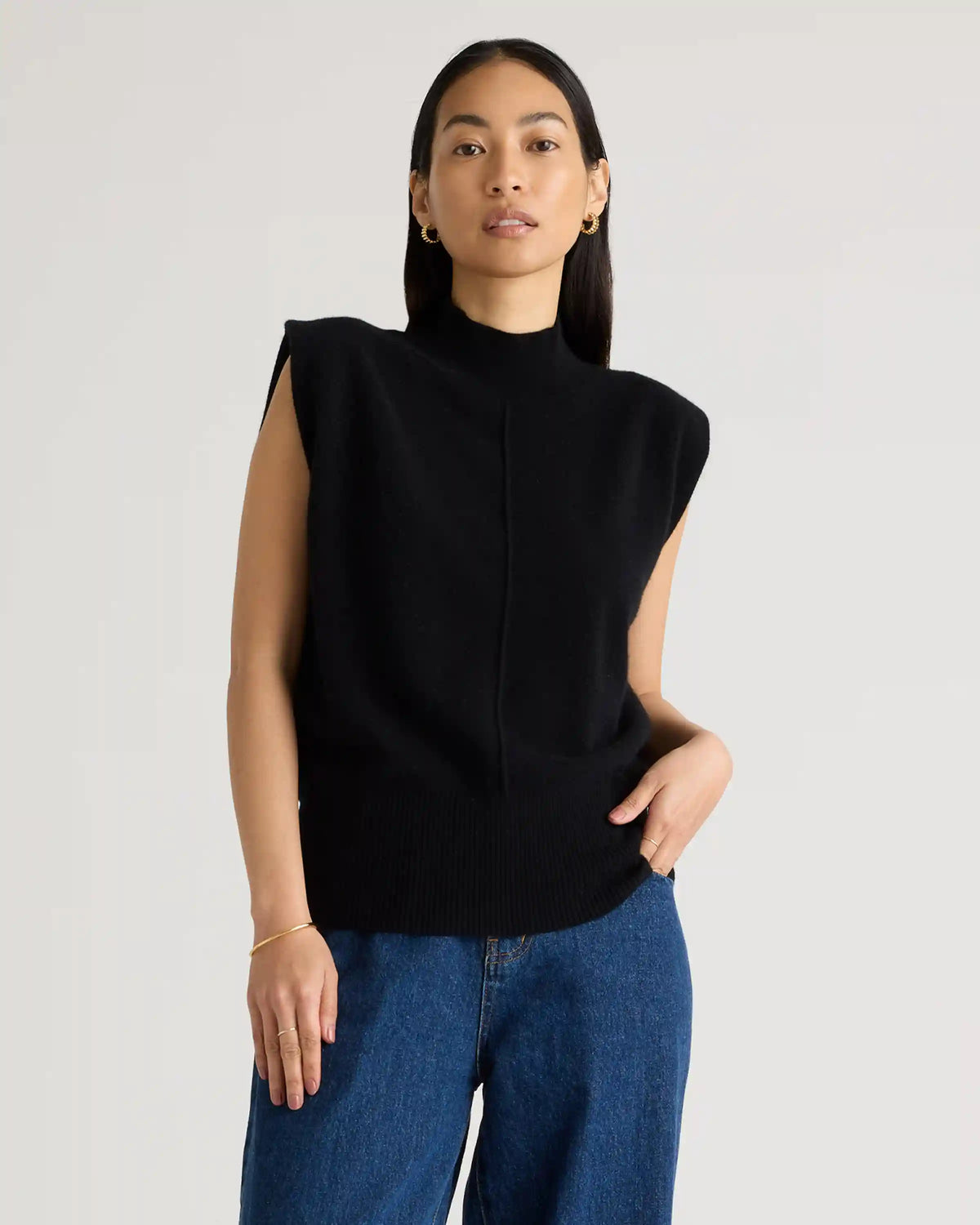 Mongolian Cashmere Padded-Shoulder Sweater Tank