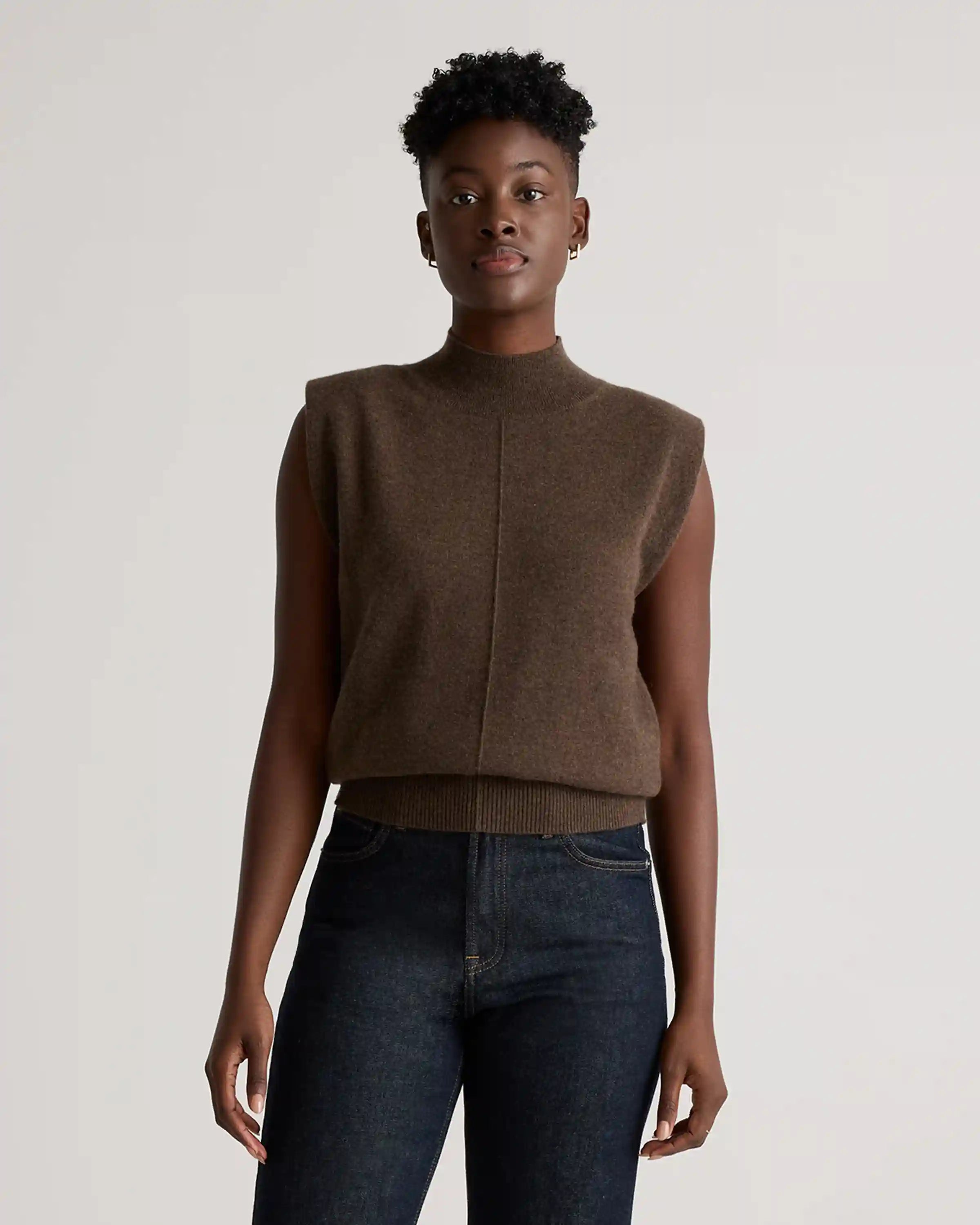 Mongolian Cashmere Padded-Shoulder Sweater Tank