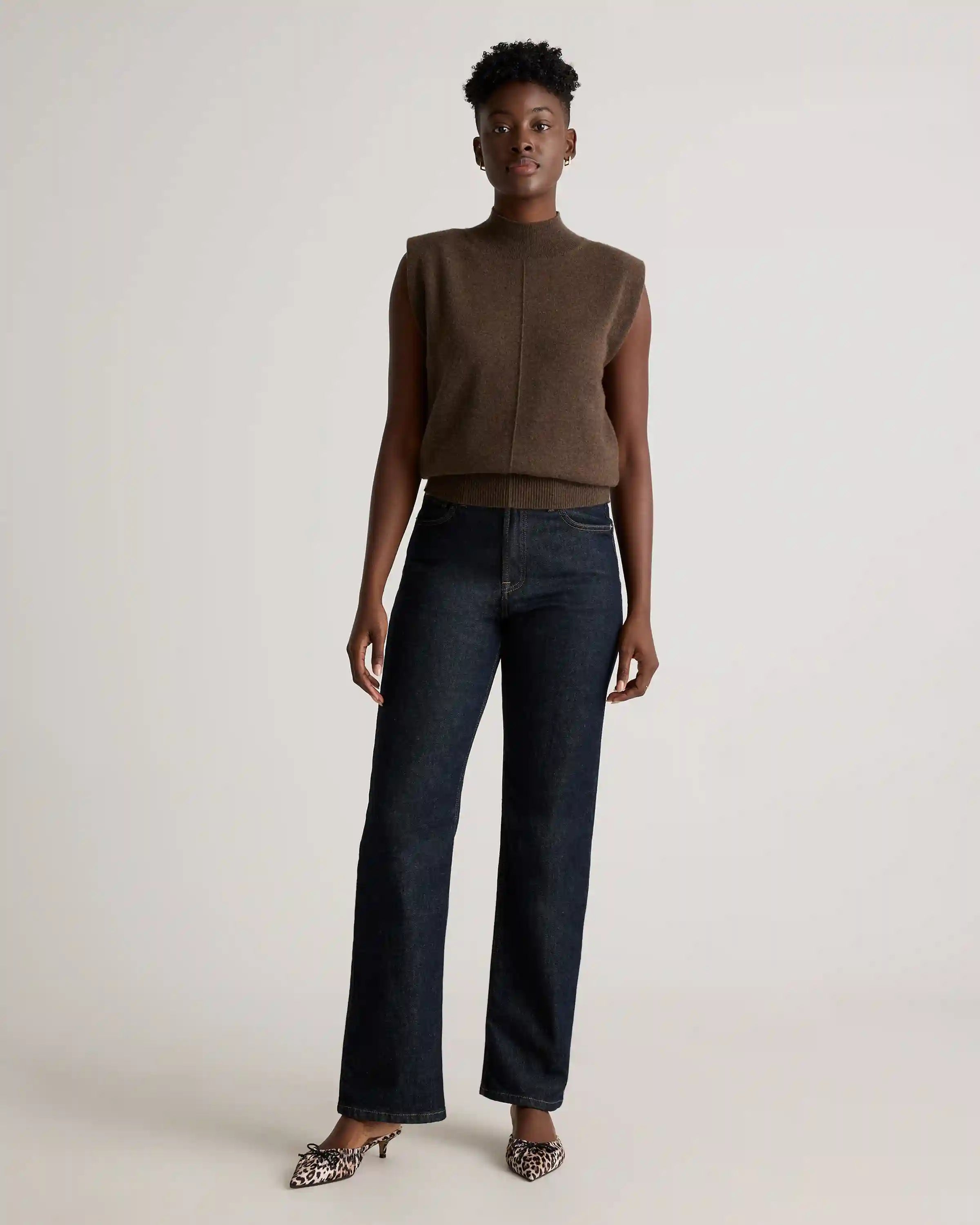 Mongolian Cashmere Padded-Shoulder Sweater Tank