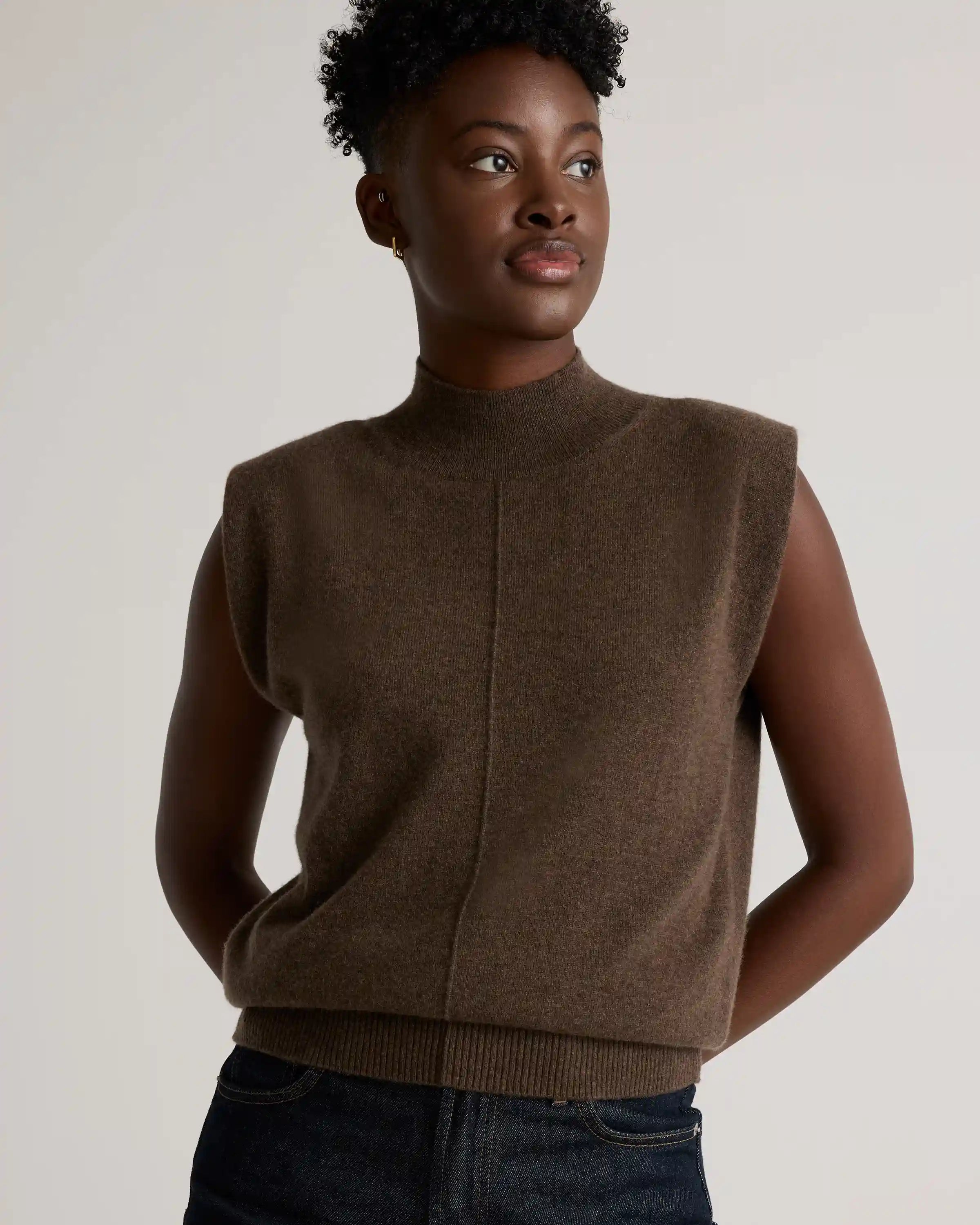 Mongolian Cashmere Padded-Shoulder Sweater Tank