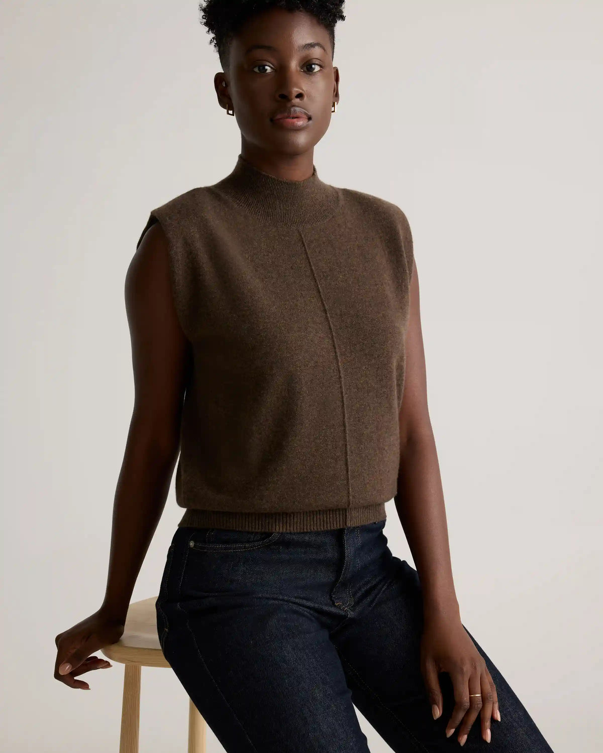Mongolian Cashmere Padded-Shoulder Sweater Tank