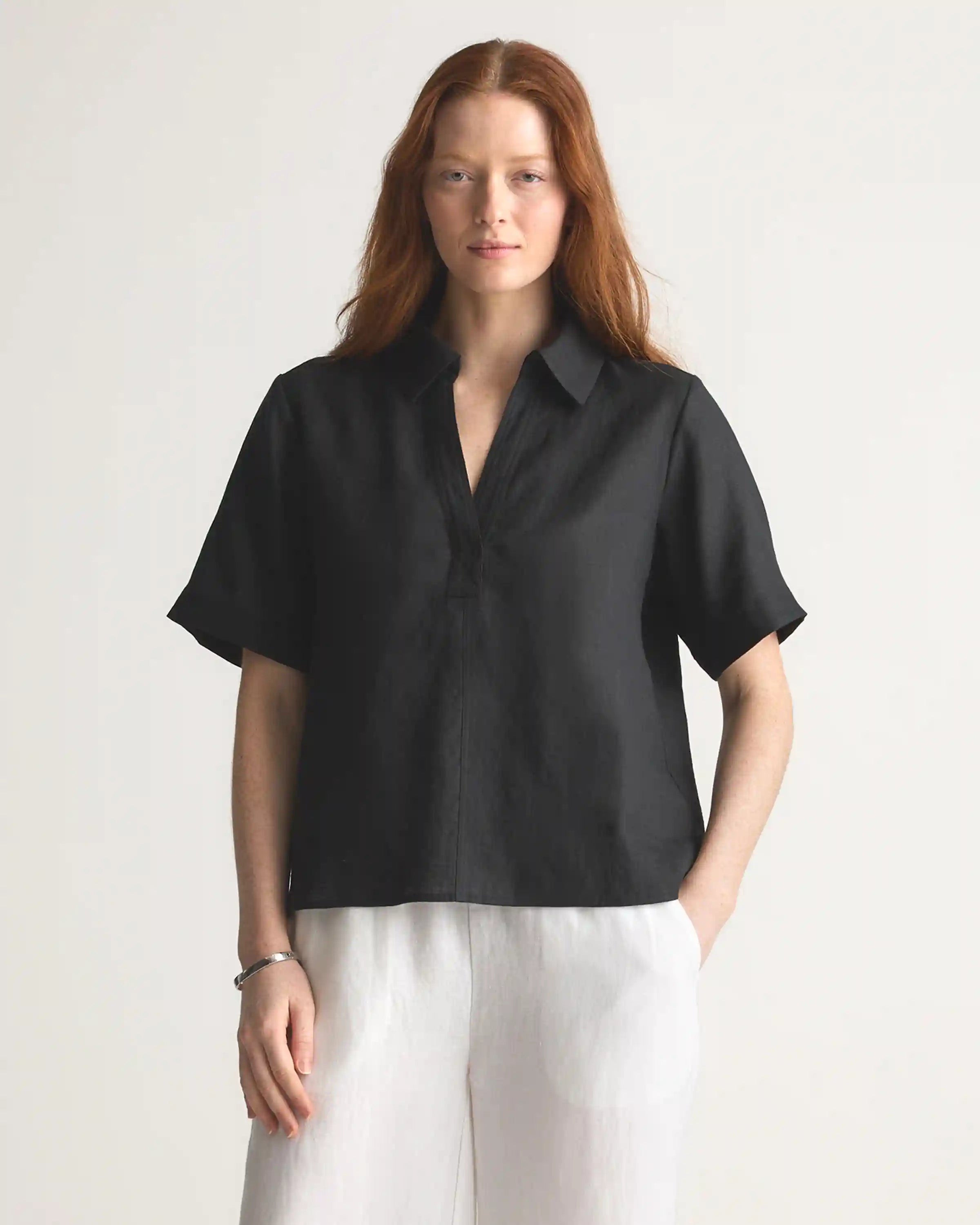 100% European Linen Short Sleeve Popover Top