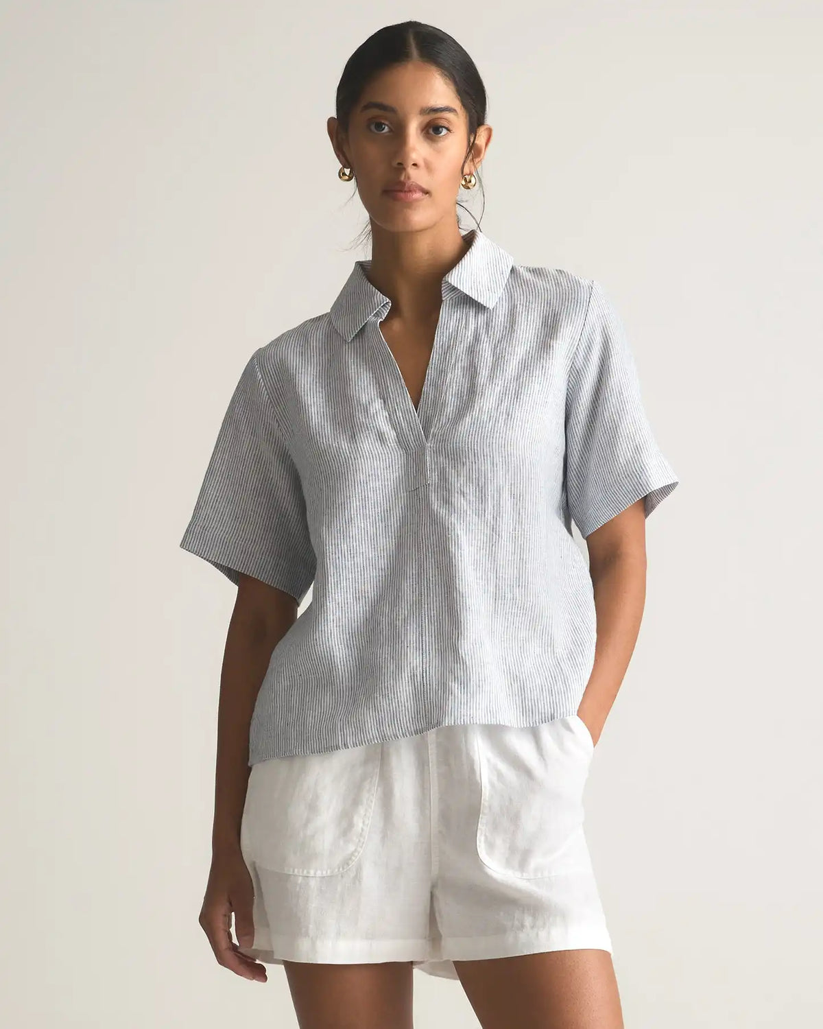 100% European Linen Short Sleeve Popover Top