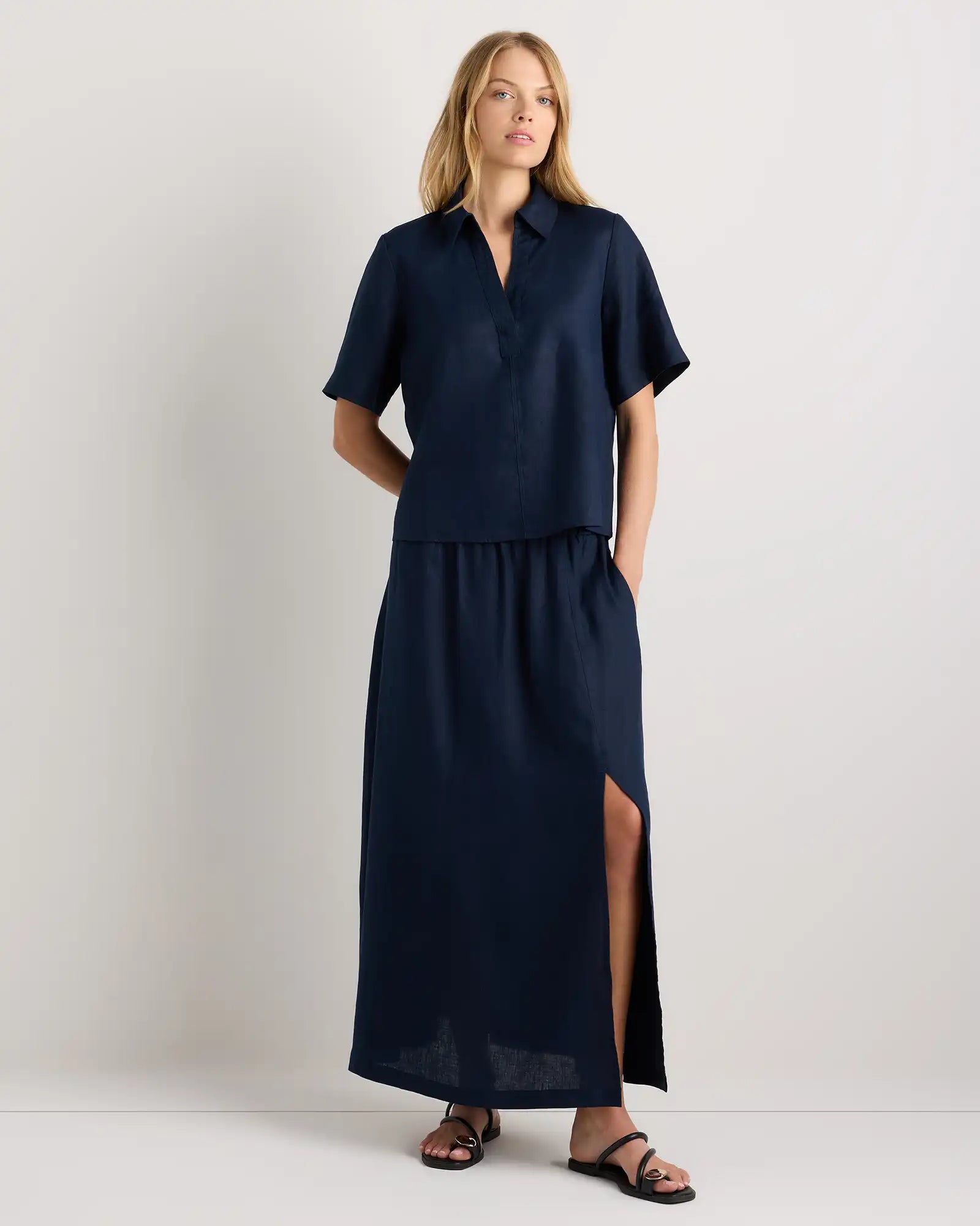 100% European Linen Short Sleeve Popover Top