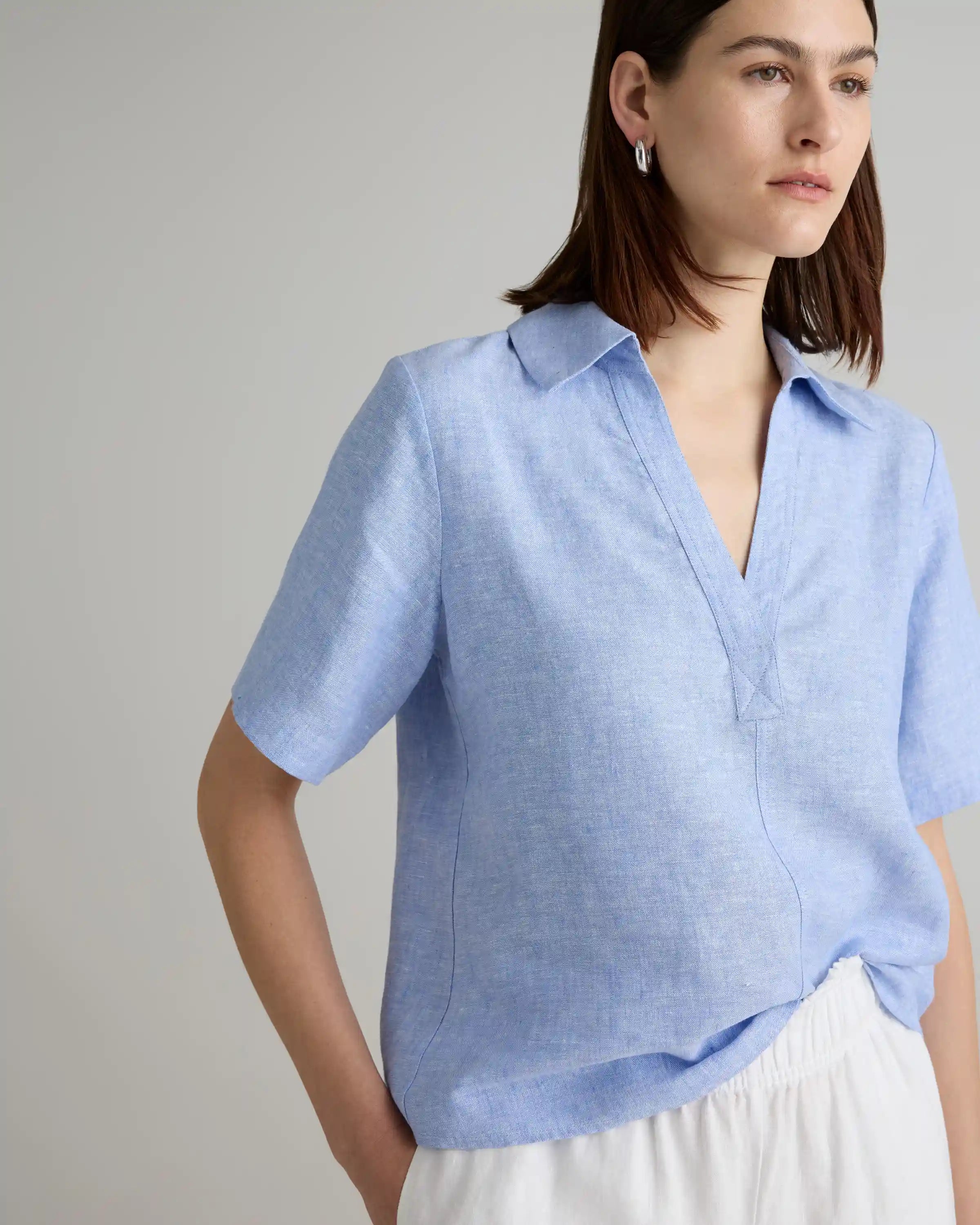 100% European Linen Short Sleeve Popover Top