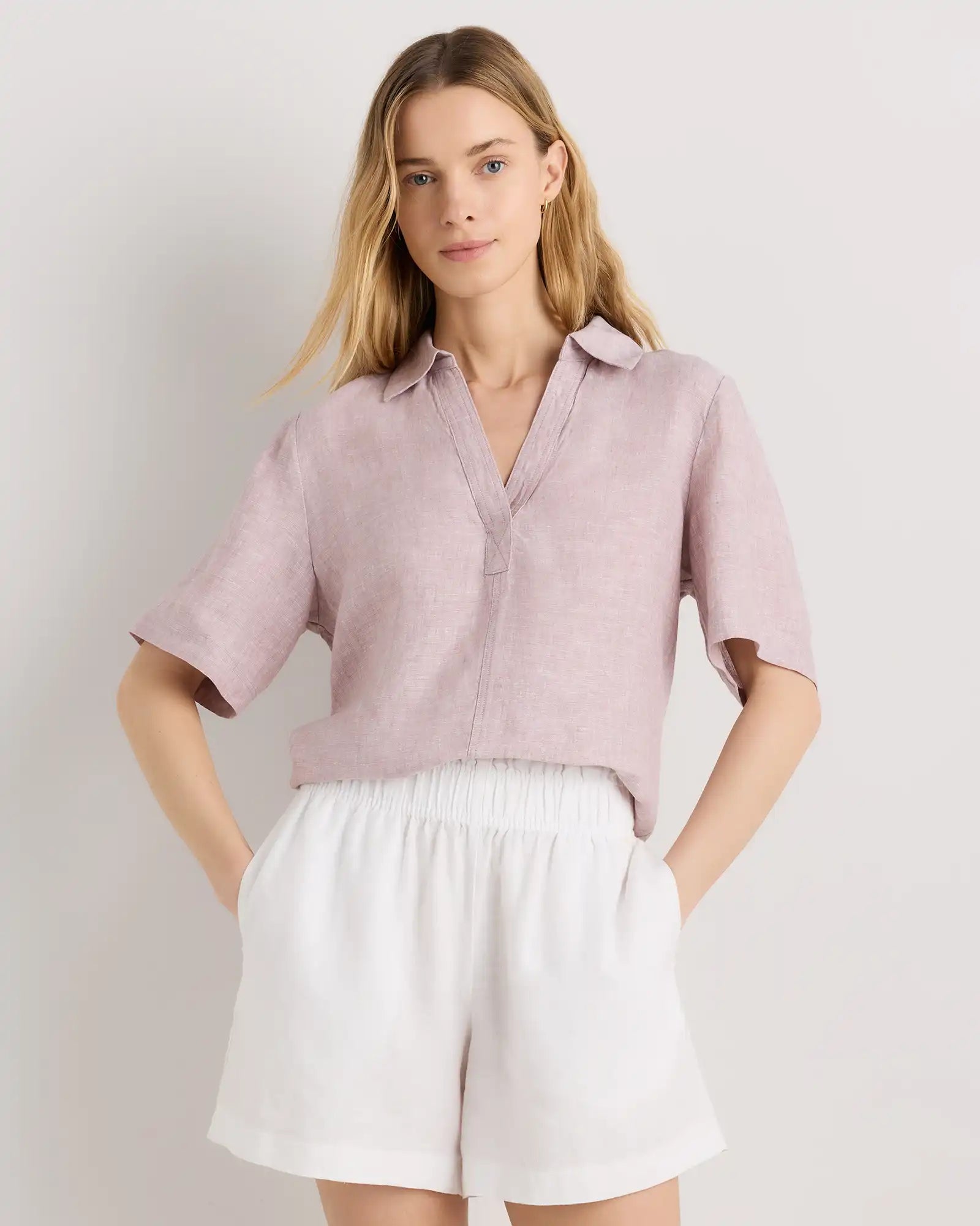 100% European Linen Short Sleeve Popover Top