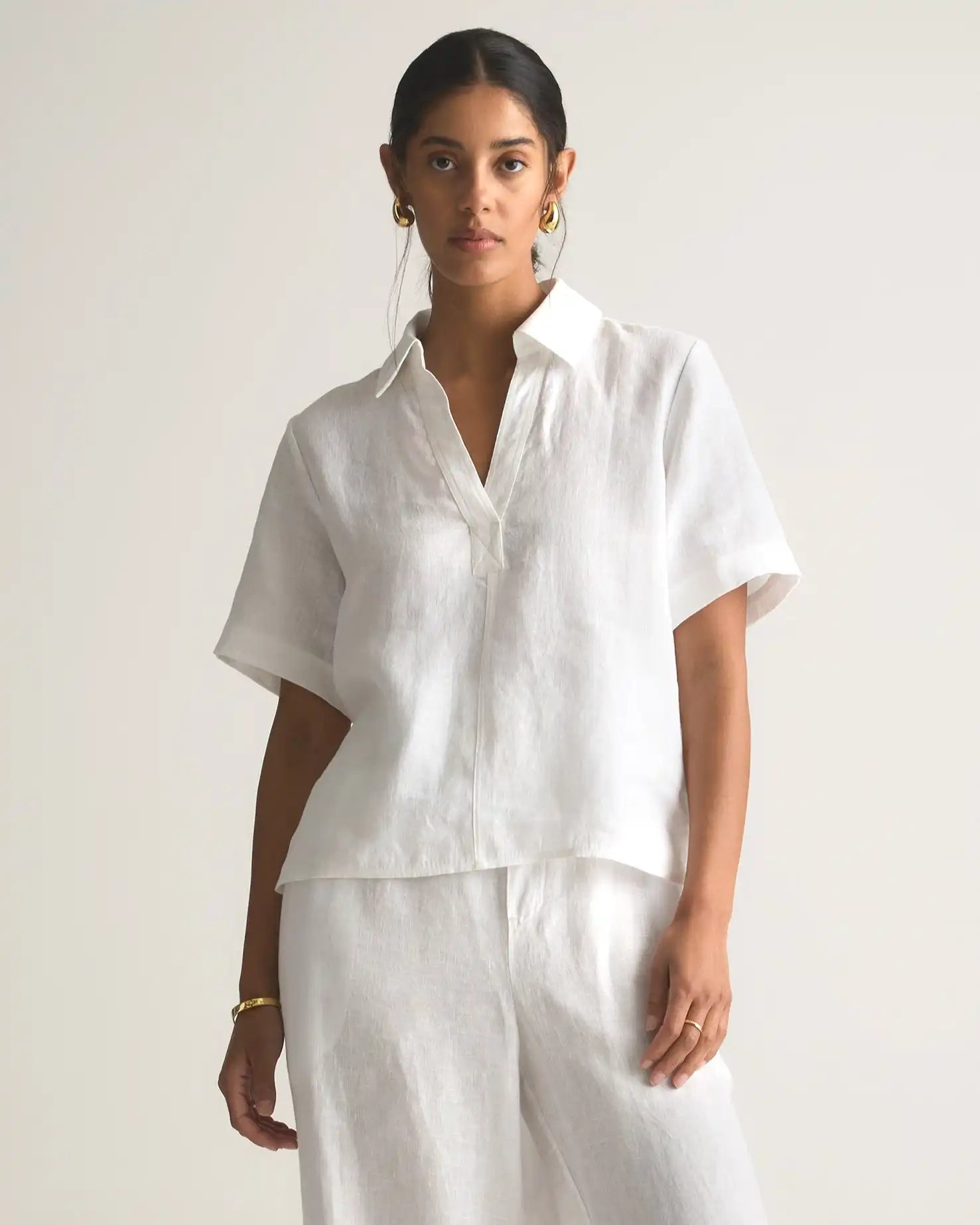 100% European Linen Short Sleeve Popover Top