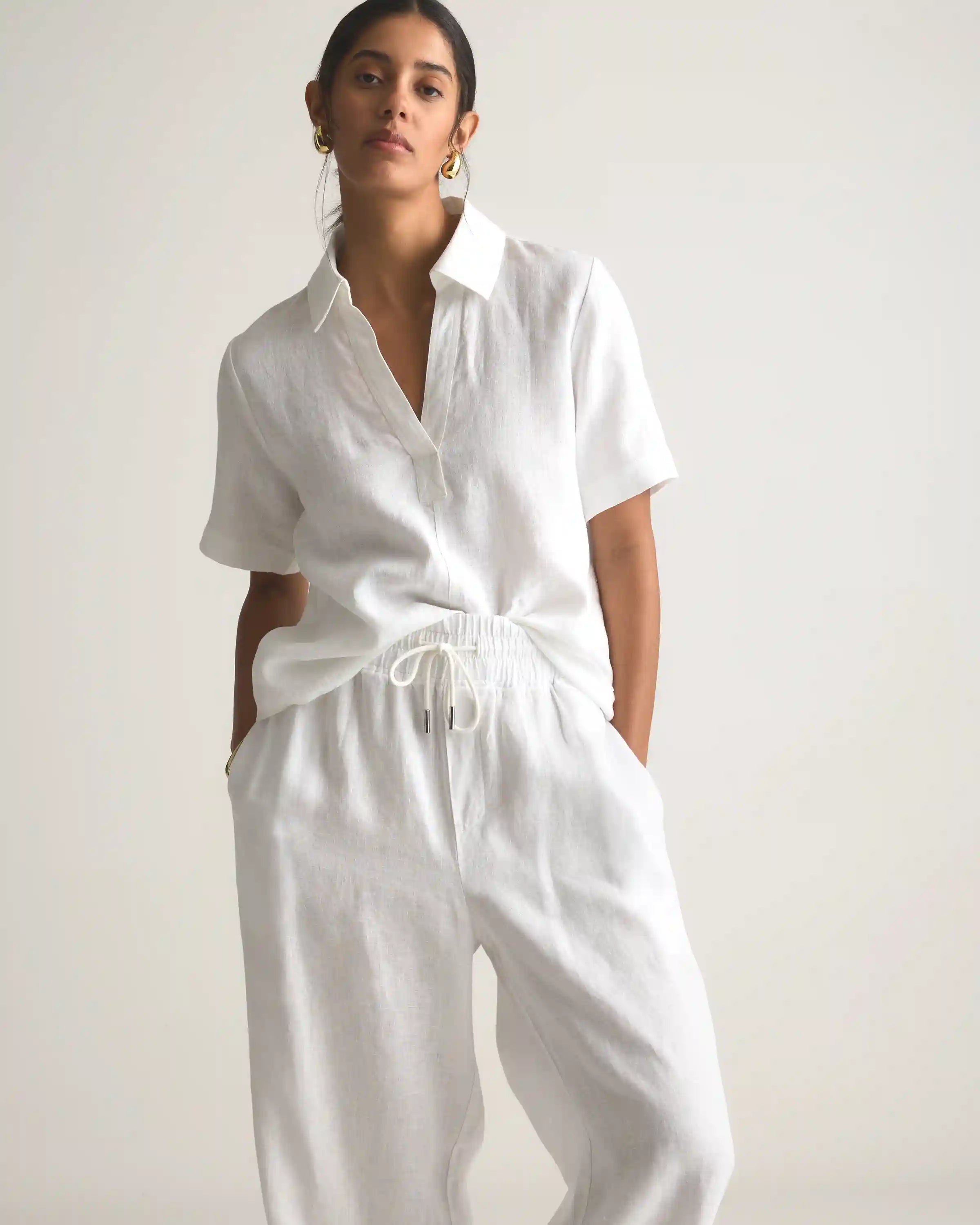 100% European Linen Short Sleeve Popover Top