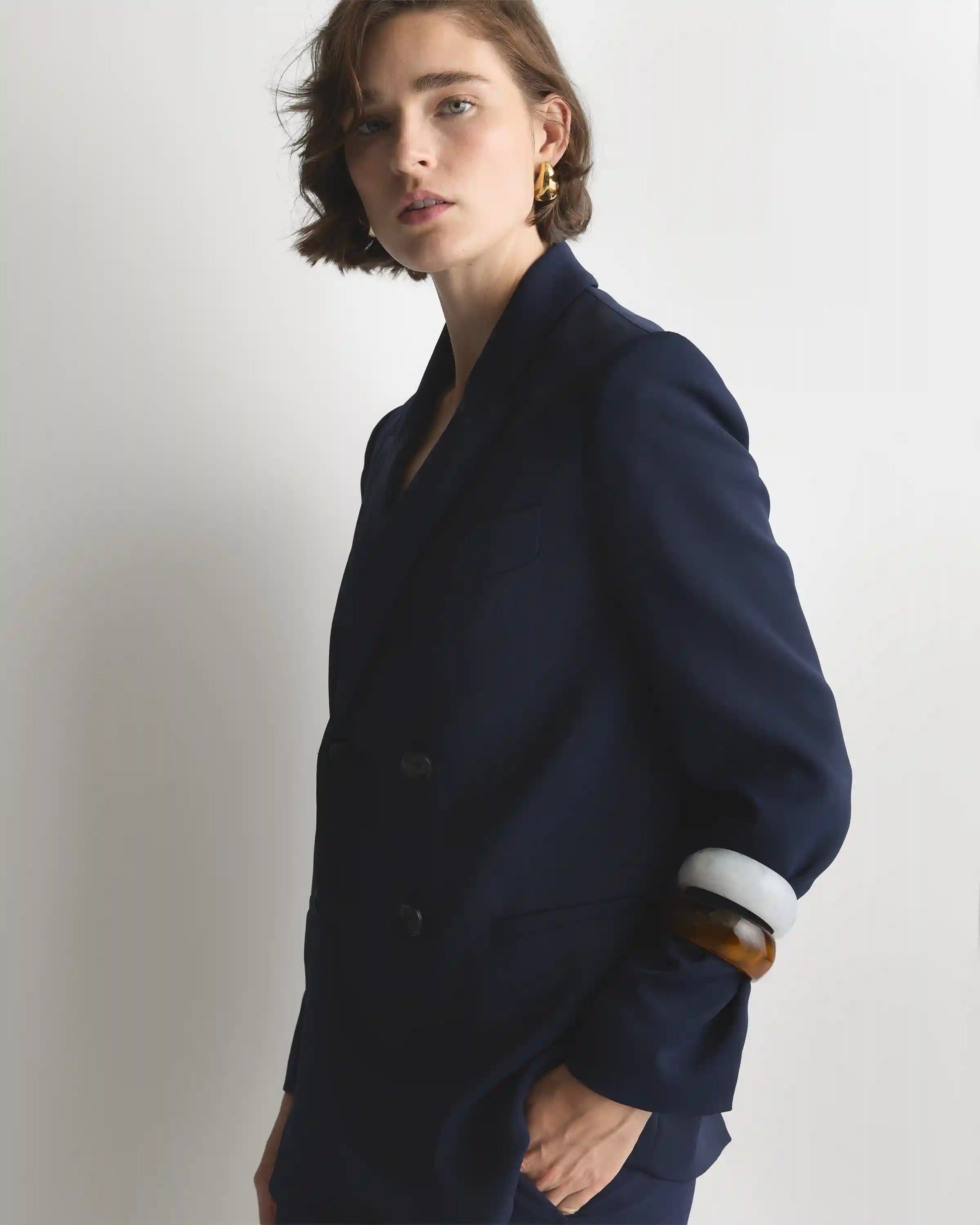 Stretch Crepe Relaxed Double-Breasted Blazer