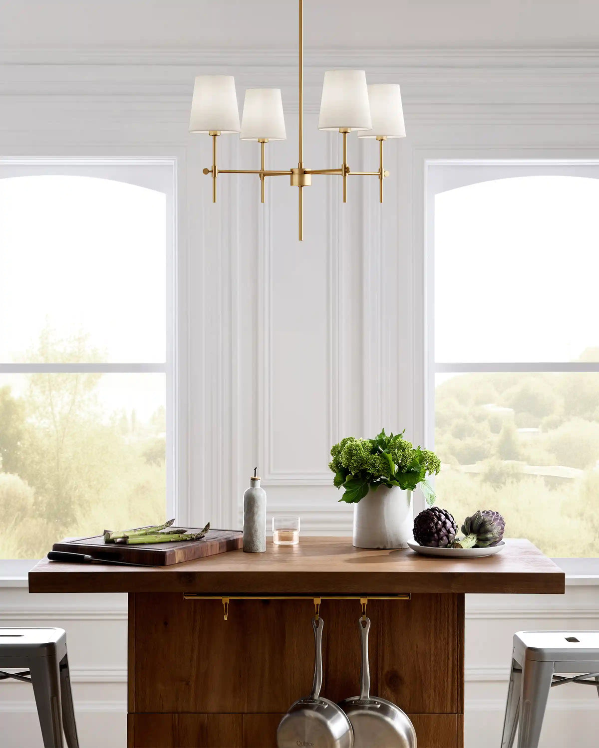 Linear Steel Chandelier with Linen Shades