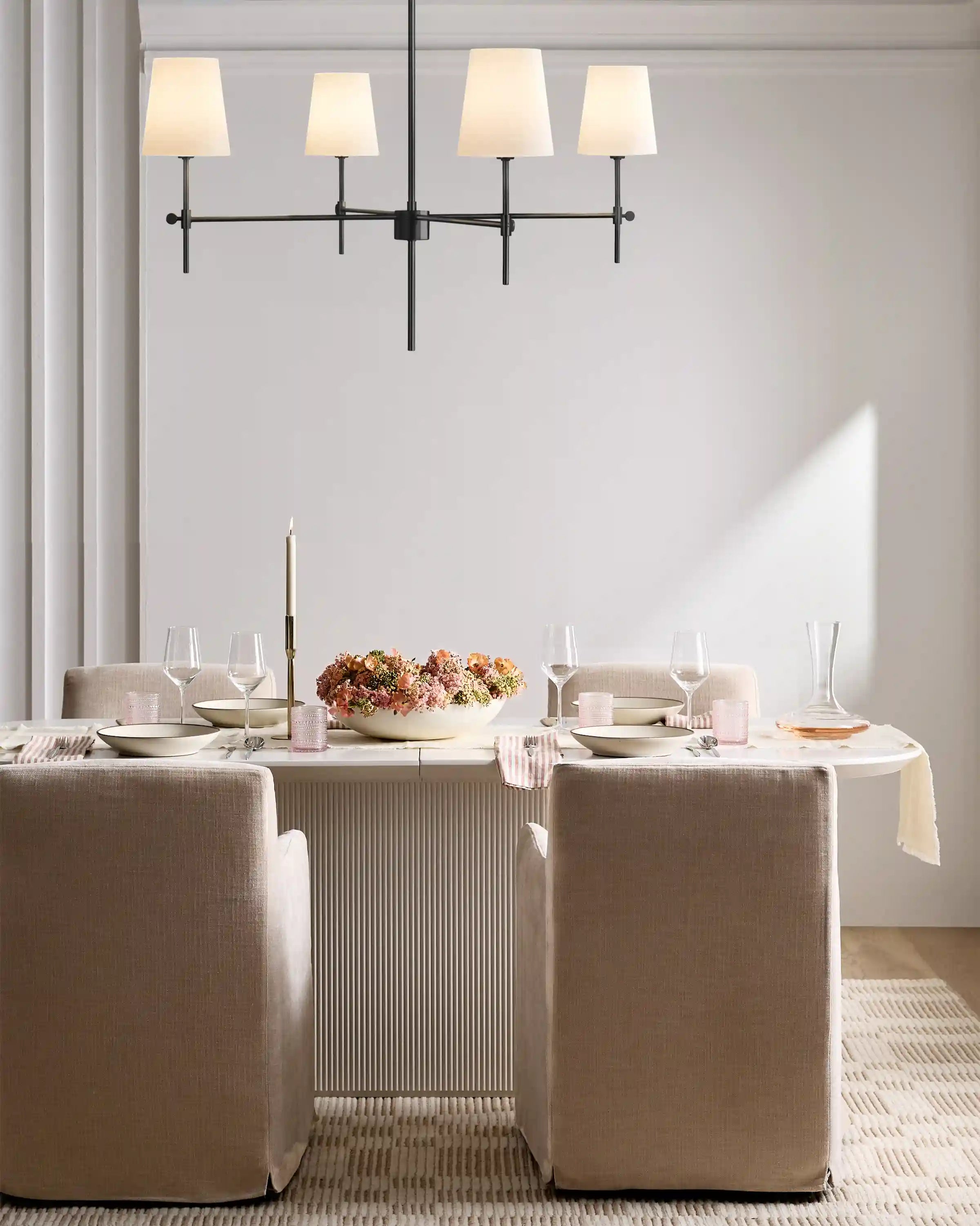Linear Steel Chandelier with Linen Shades