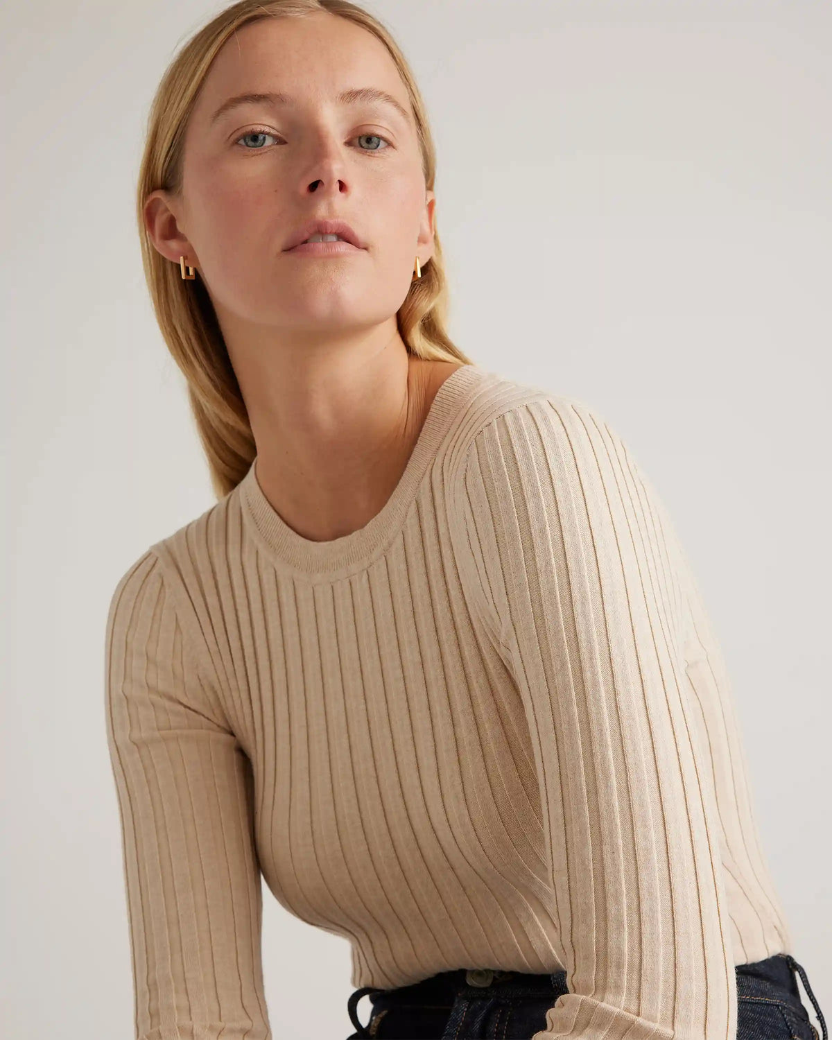 Cotton Cashmere Ribbed Long Sleeve Sweater